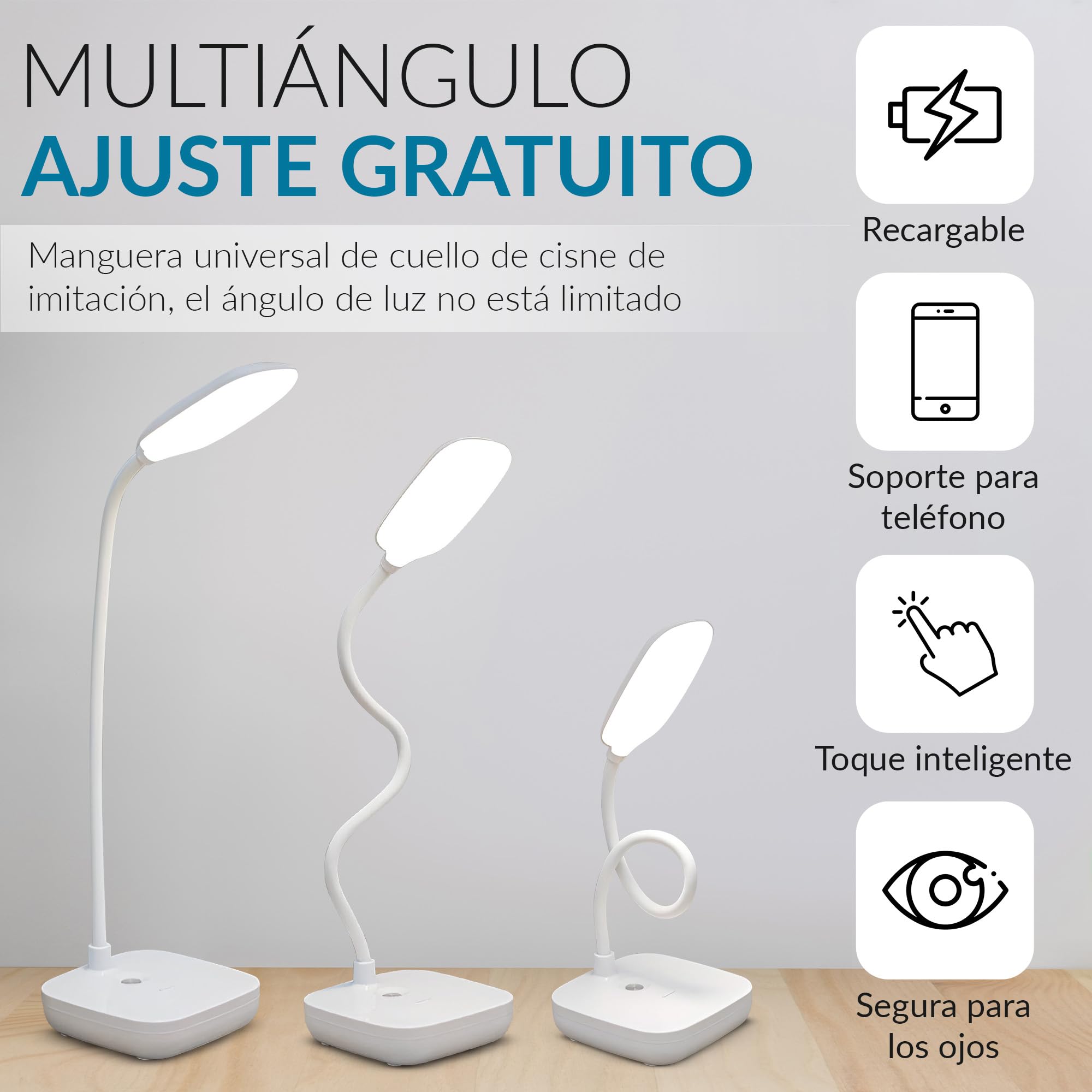 Lampara Escritorio LED, Flexo Led Escritorio Flexible, Lampara mesita noche sin cable, 3 Modos de Luz, Nivel De Brillo Ajustable con Control Táctil, Lampara Led Recargable Casa, Oficina y Estudio