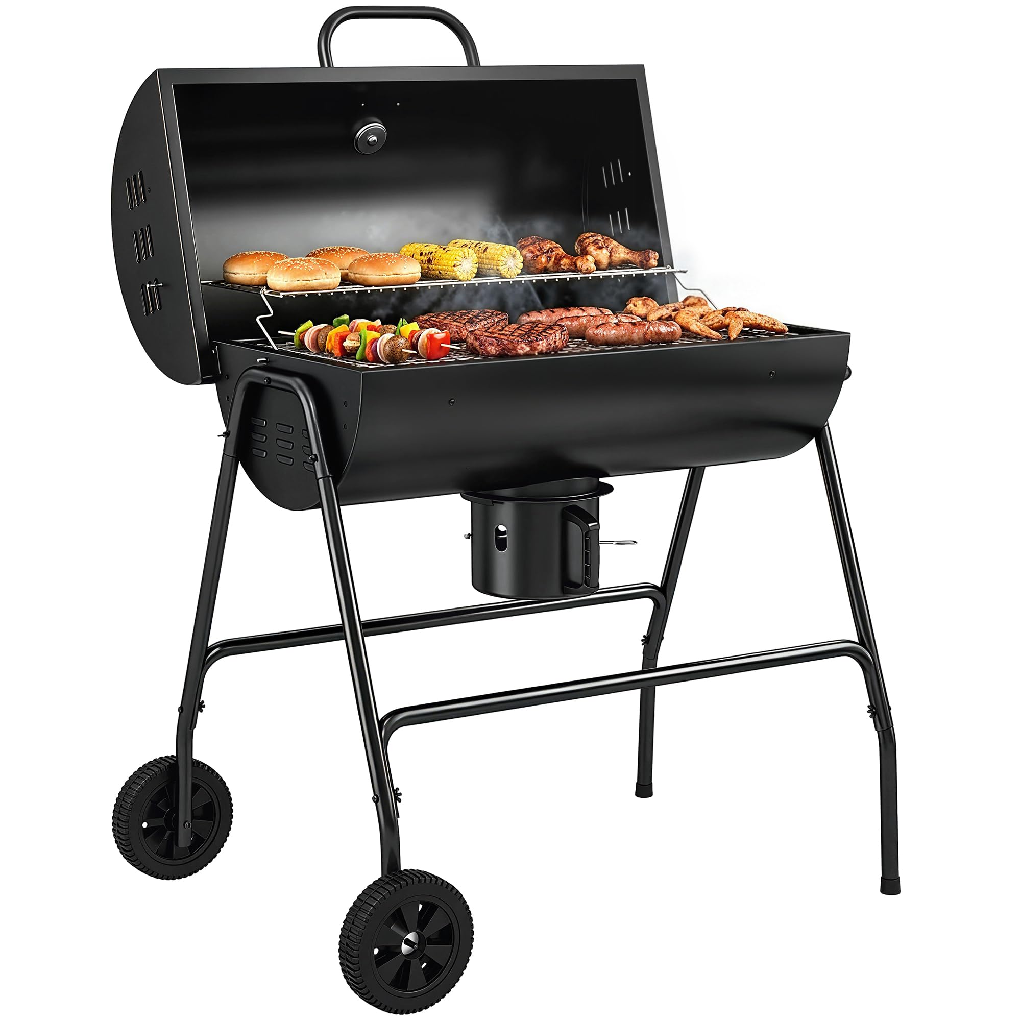 Outsunny Charcoal Barbecue Grill, Portable Barrel BBQ Trolley Smoker with Wheels, Ash Catcher and Thermometer for Outdoor Garden Party Cooking, Black