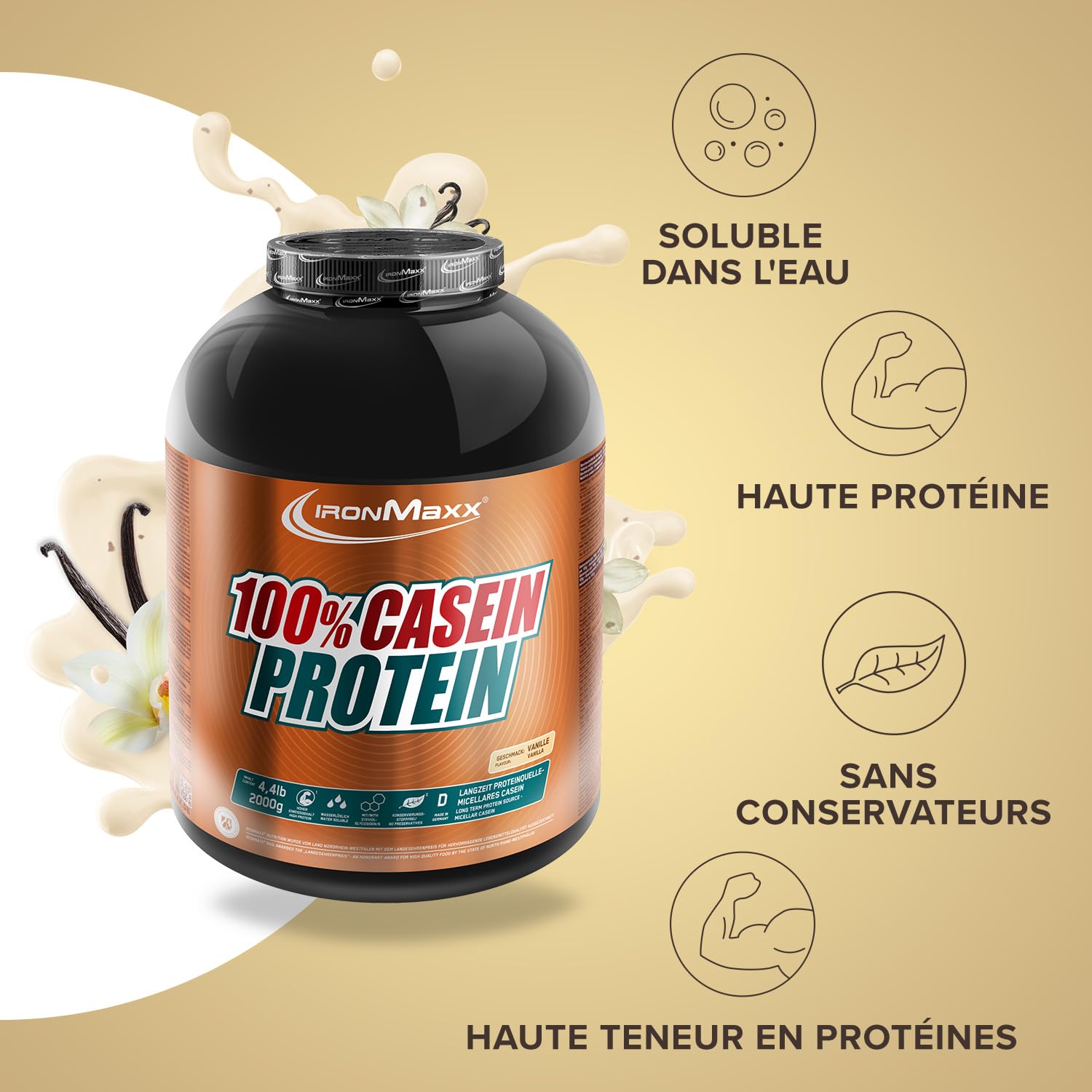 IronMaxx 100% Casein Protein Powder Vanilla 2000g – Caséine micellaire, protéine de caséine en poudre pour shake protéiné, nutrition fitness, musculation et apport protéiné
