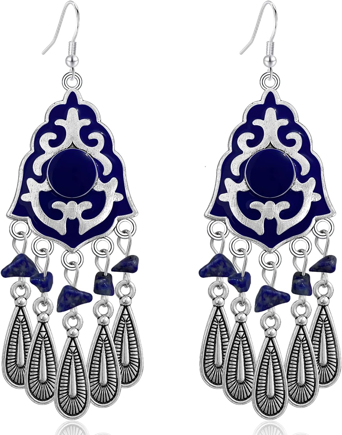 Bohemian Dainty Crystal Teardrop Vintage Sliver Fringe Lightweight Dangle Drop Earrings Ethnic Enamel Flower Tassel Hook Earrings For Women Jewelry Gifts