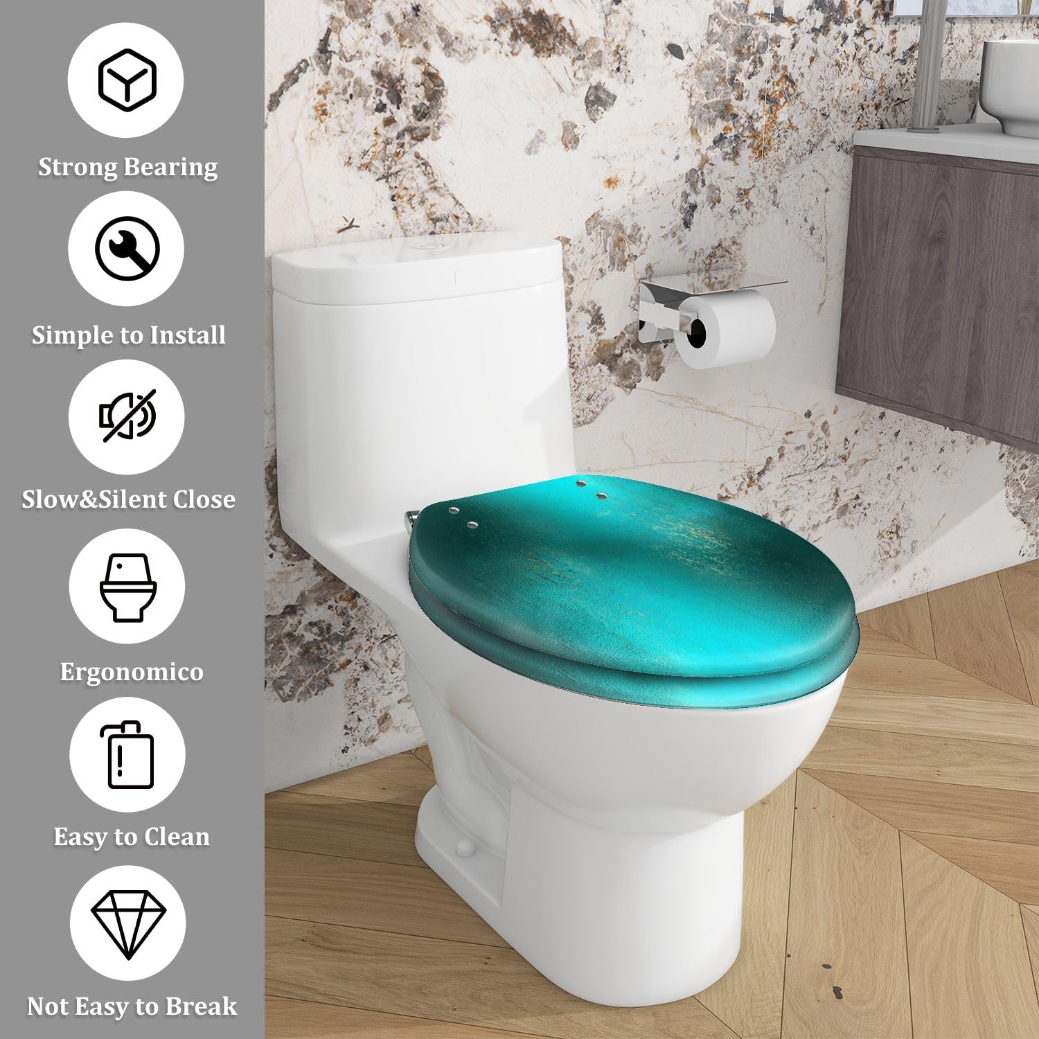 Asiento de inodoro alargado con cierre suave, para uso en el baño.