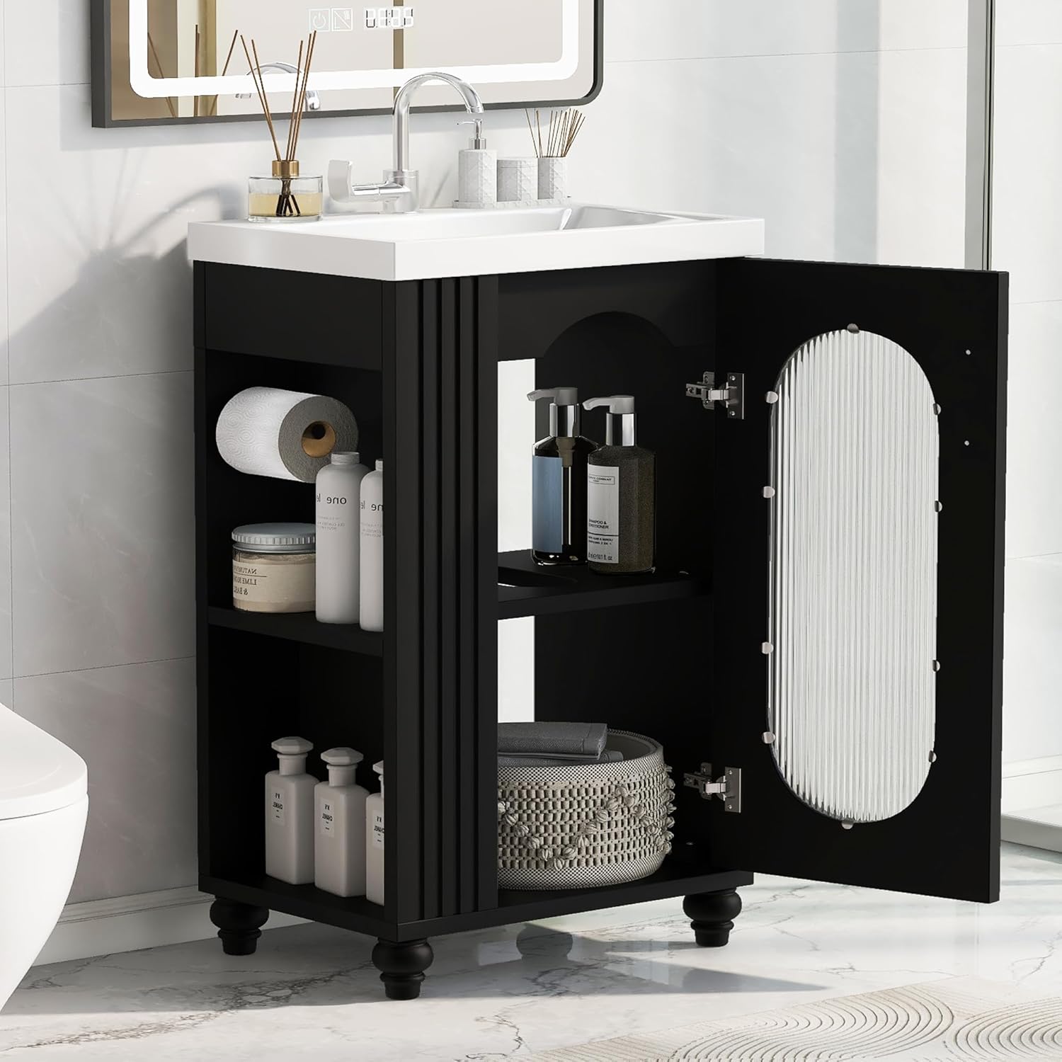 Modern Vanity Sink Cabinet with Ceramic Sink, 20 Inch Bathroom Vanity Adjustable Shelf, Open Side Shelves & Pinewood Towel Bar, Freestanding Bath Vanities for Small Room, Black