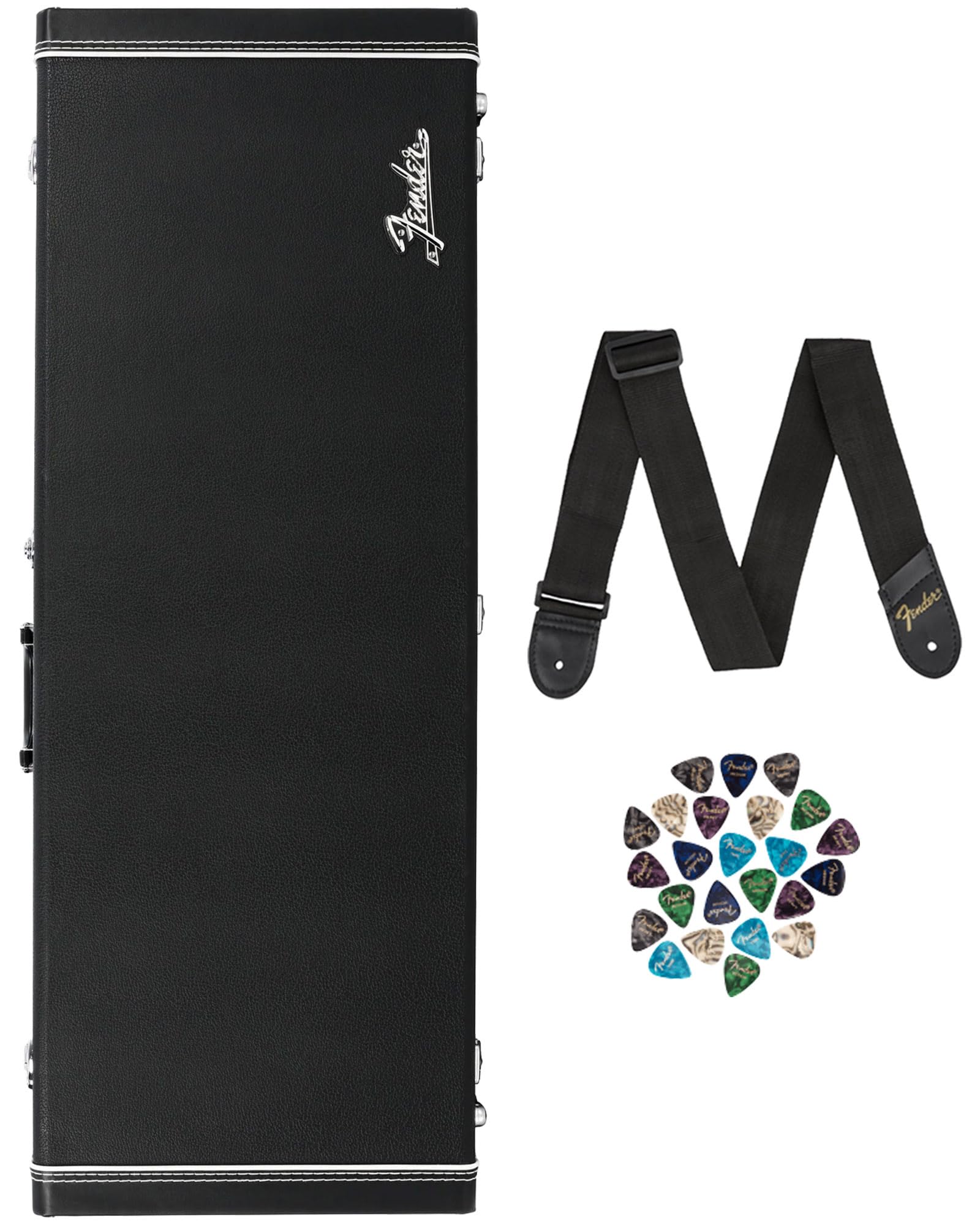 Fender Classic Series Wood Case for Jazzmaster/Jaguar - Black Bundle with Guitar Strap and Austin Bazaar Exclusive 24-Pack Picks