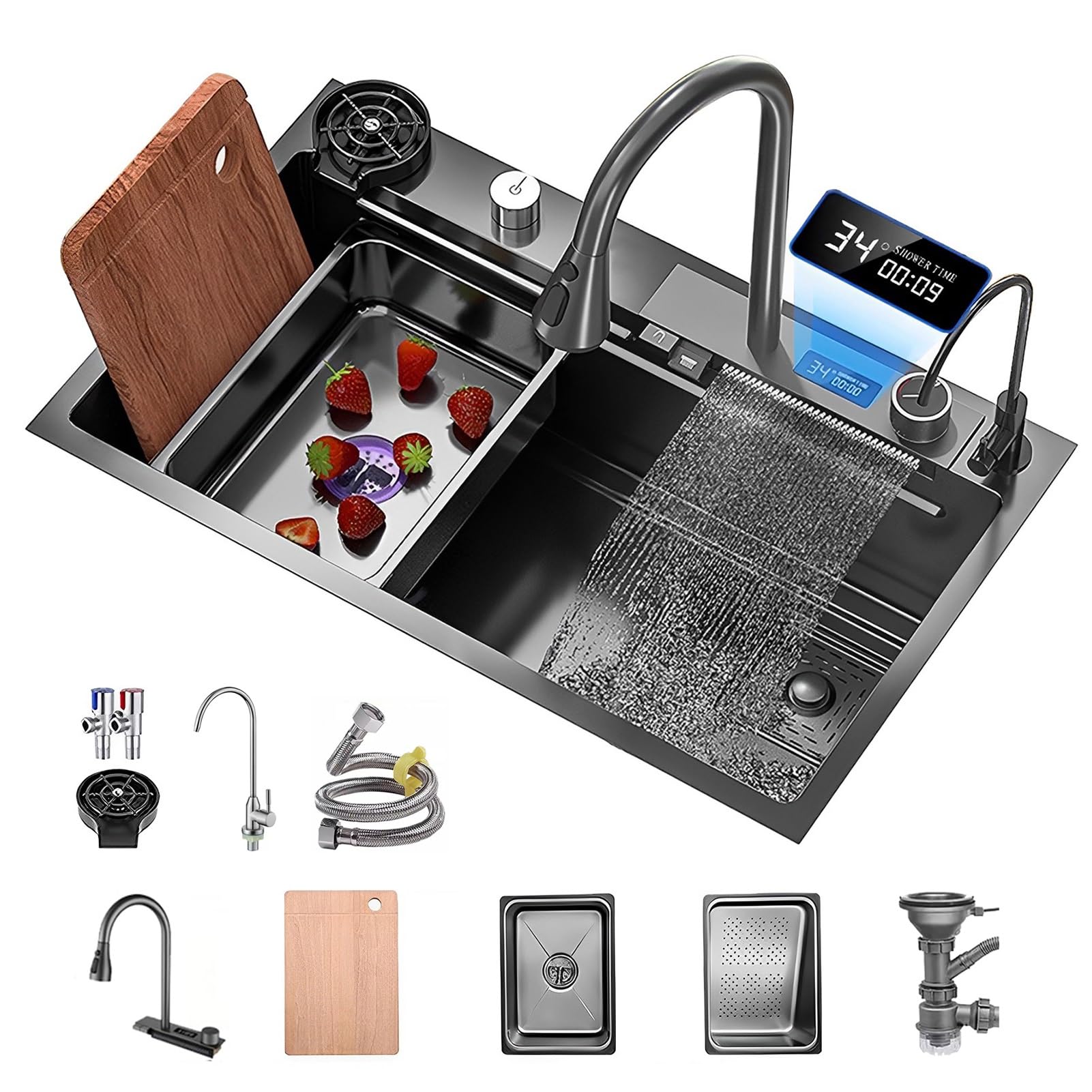 ZQFHSX 68x45cm Nano Stainless Steel Kitchen Sink – Single Bowl Workstation with Waterfall Pull-Out Faucet & Digital Display(Black-b,80x45cm)