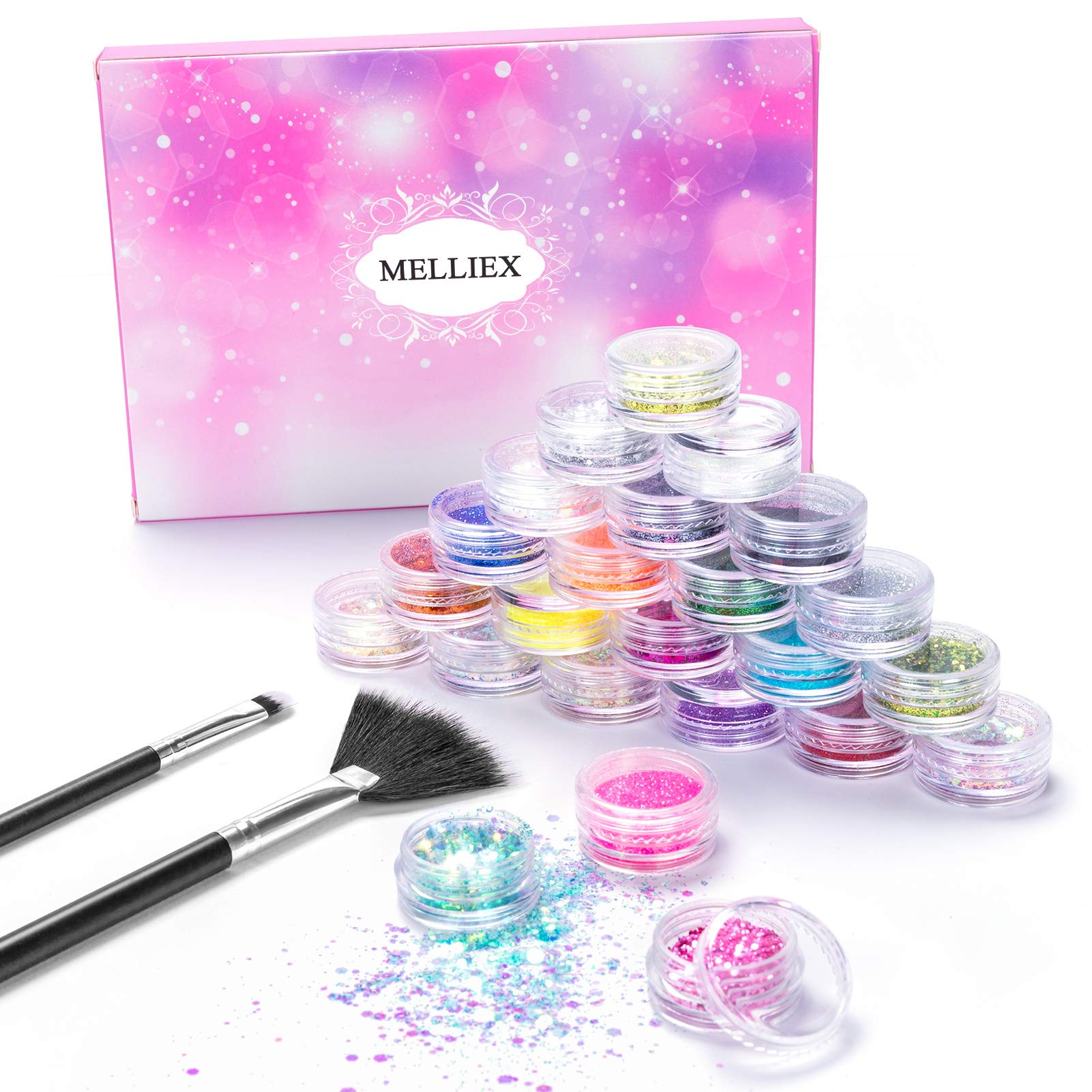 MELLIEX 24 Pièces Paillettes Ongles Set, Poudre Pailletée Holographique Paillette Maquillage pour Festival Visage Corps Ongles Nail Art Decoration, avec Outils de Pinceaux