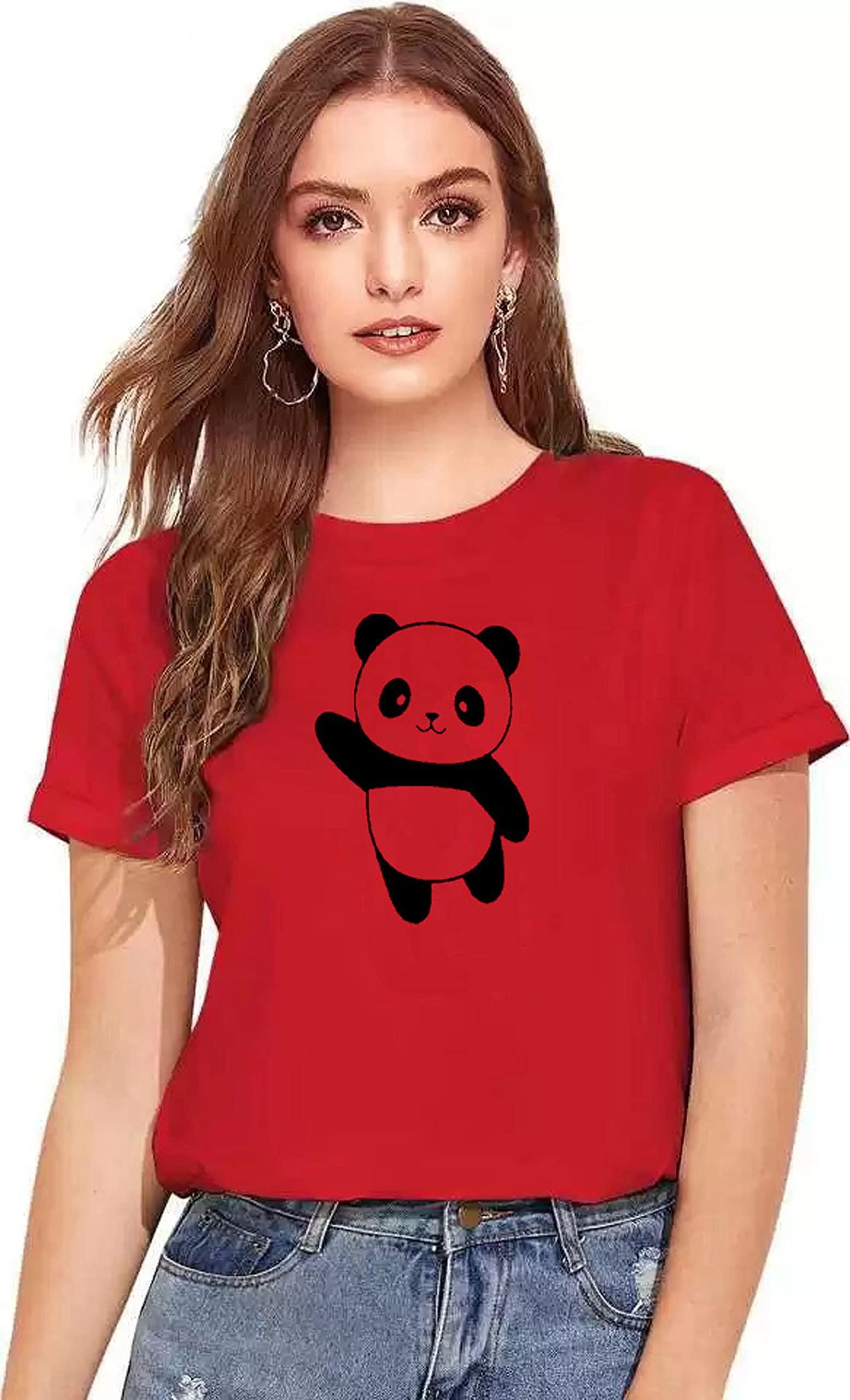 BOSCAGE WITH DEVICEBOSECAGE with Device Graphic Print Women Round Neck regularfit Half Sleeves t Shirt AV404_Panda_Red_S