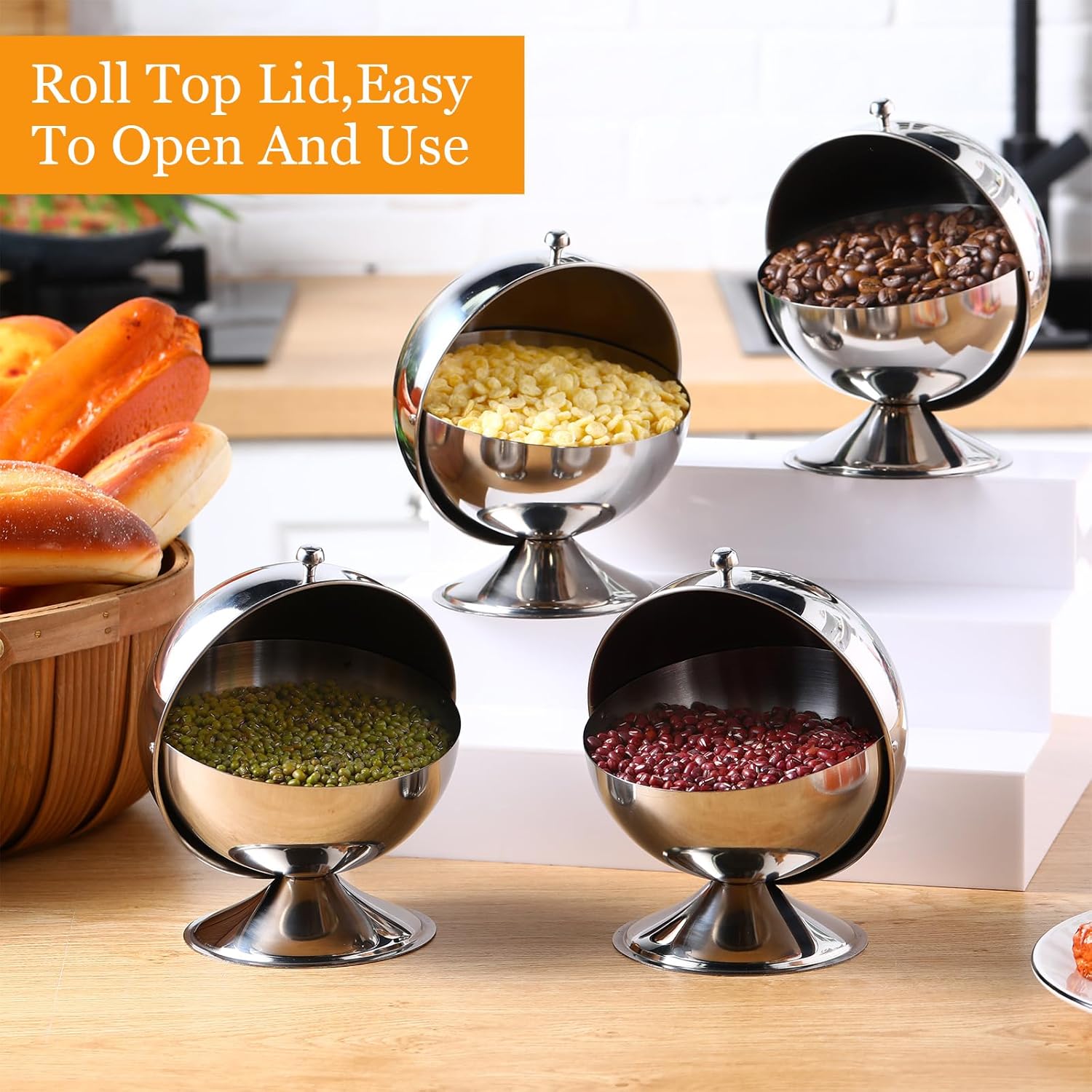 4 Pack Stainless Steel Sugar Bowl with Roll Top Spherical Sugar Cube Holder Multipurpose Sugar Cube Container Cookies Mints Treats Candy Jar for Home Office Kitchen Party Supplies