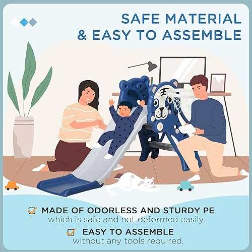 Miniatura 6 de Qaba Tobogán 3 en 1 para niños pequeños, juguete para niños, fácil de instalar, con aro de baloncesto para niños de 18 a 36 meses, color azul