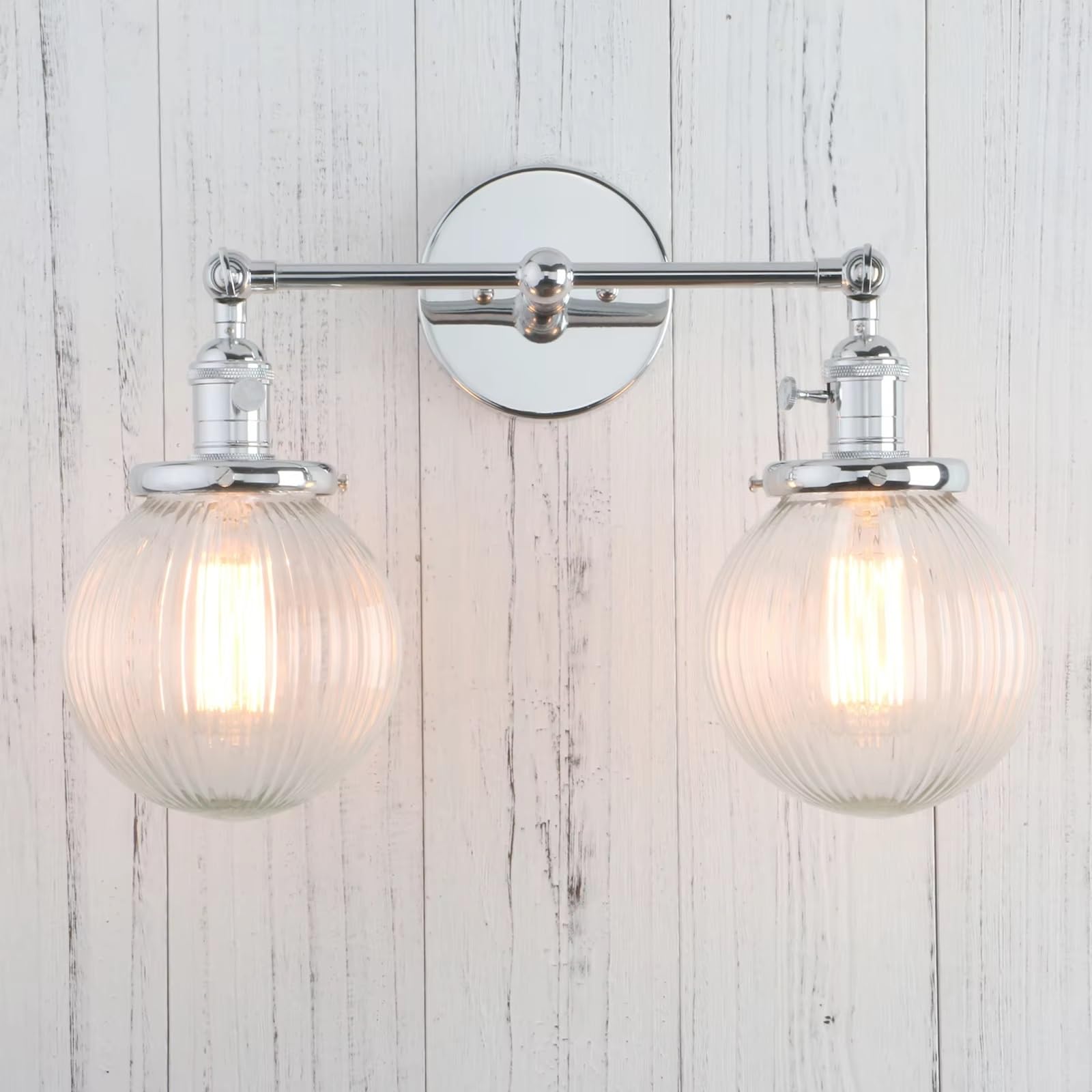 HPTHLY Vintage With Globe Glass Shade 2 Lights Wall Sconces Double Head Wall Lights With Switch Retro Style Rustic Wall Lamps (Chrome)