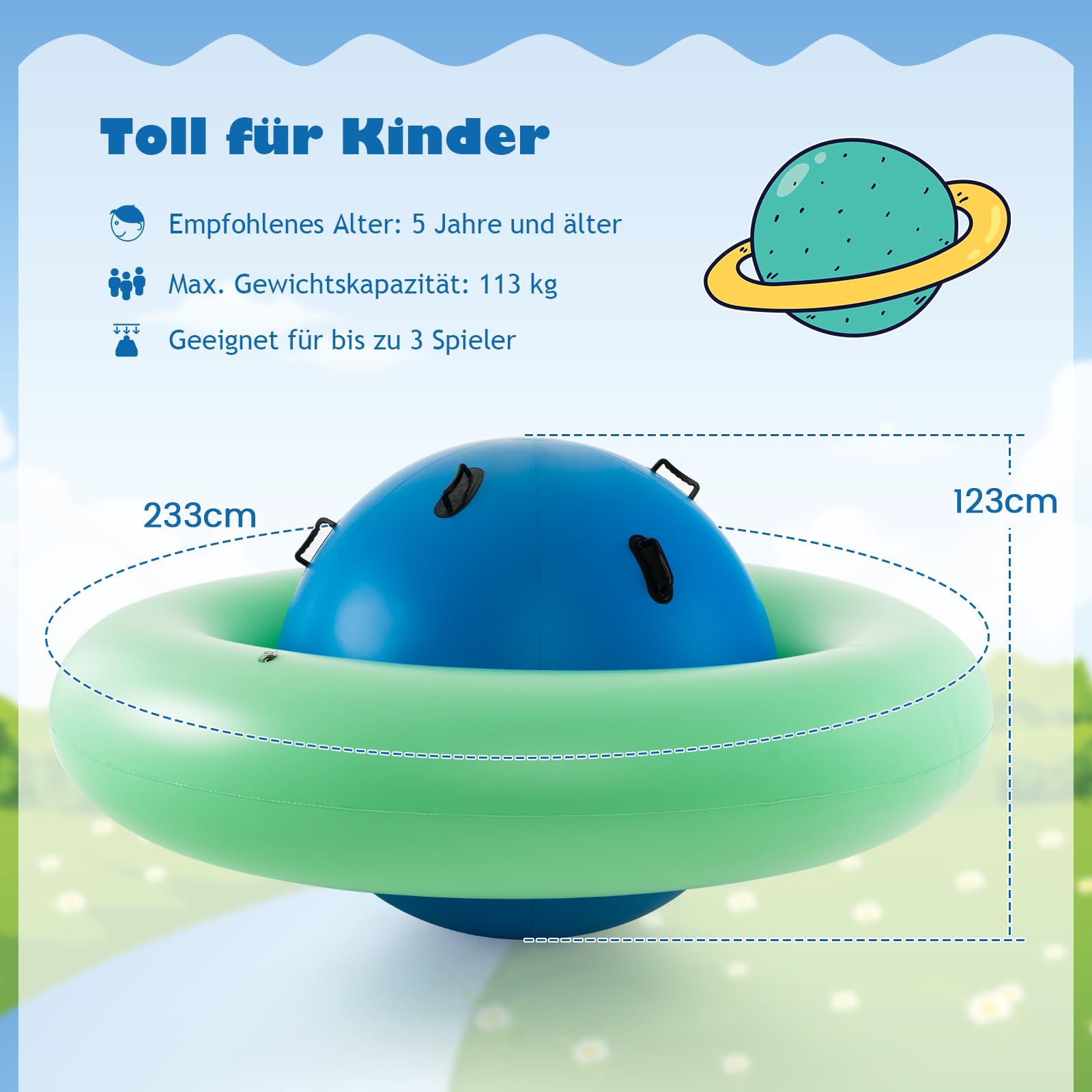 DREAMADE 233cm Kuppelwippe aufblasbar, Spielwippe mit 6 Griffen, aufblasbar Kletterkuppel für 3 Kinder ab 5 Jahren, bis zu 113kg, für Hinterhof Garten (Blau + Grün, φ 223)