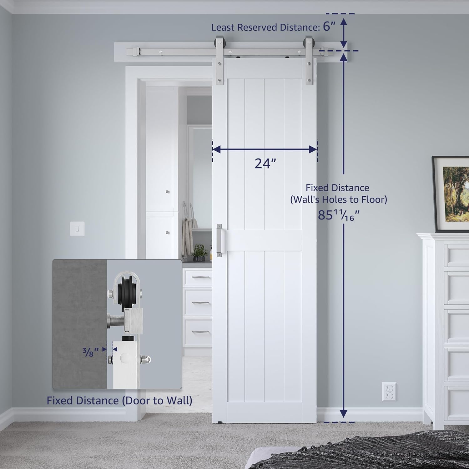 24in x 84in white sliding barn door with 4ft brushed nickel hardware kit & handle, pre-drilled holes easy assembly -solid barn door slab covered with water-proof pvc surface, h-frame 24"x84" door+4' track kit white and silver