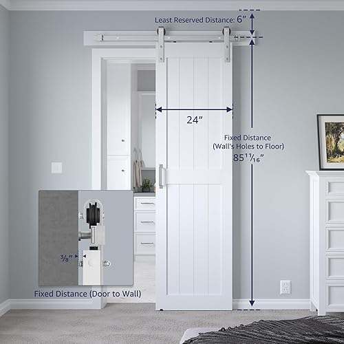 Miniatura 113 de Puerta corrediza de granero MDF de 48 x 80 pulgadas con kit de herrajes para puerta de granero de 8 pies y asa, agujeros preperforados, fácil Blanco