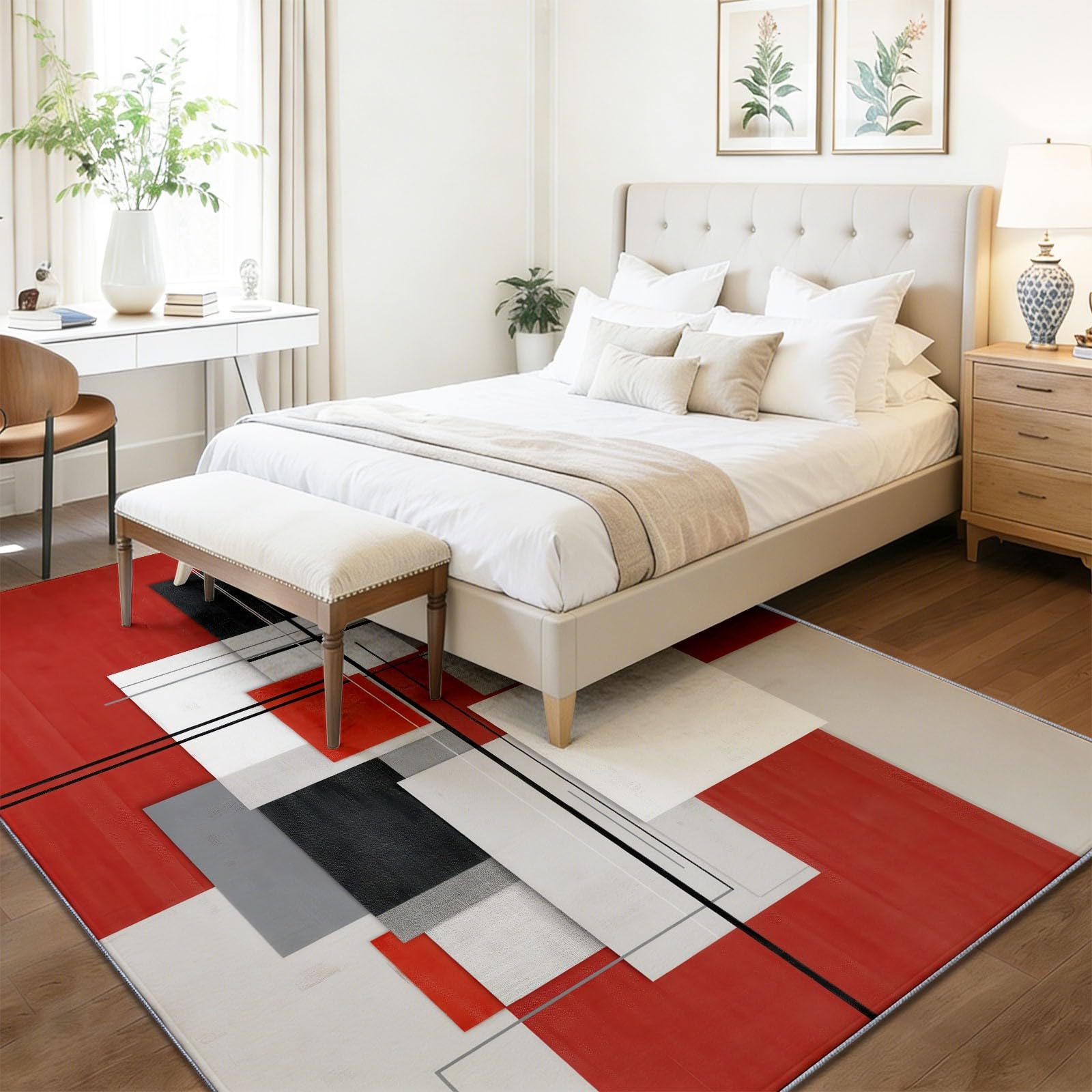 Czerwony dywan do salonu mały dywan, 60 x 110 cm Wycieraczka wewnętrzna Wejście Antypoślizgowe, Nowoczesne Abstrakcyjne Geometryczne Kolorowe klocki Dekoracja domu Duży dywan do jadalni Sypialnia