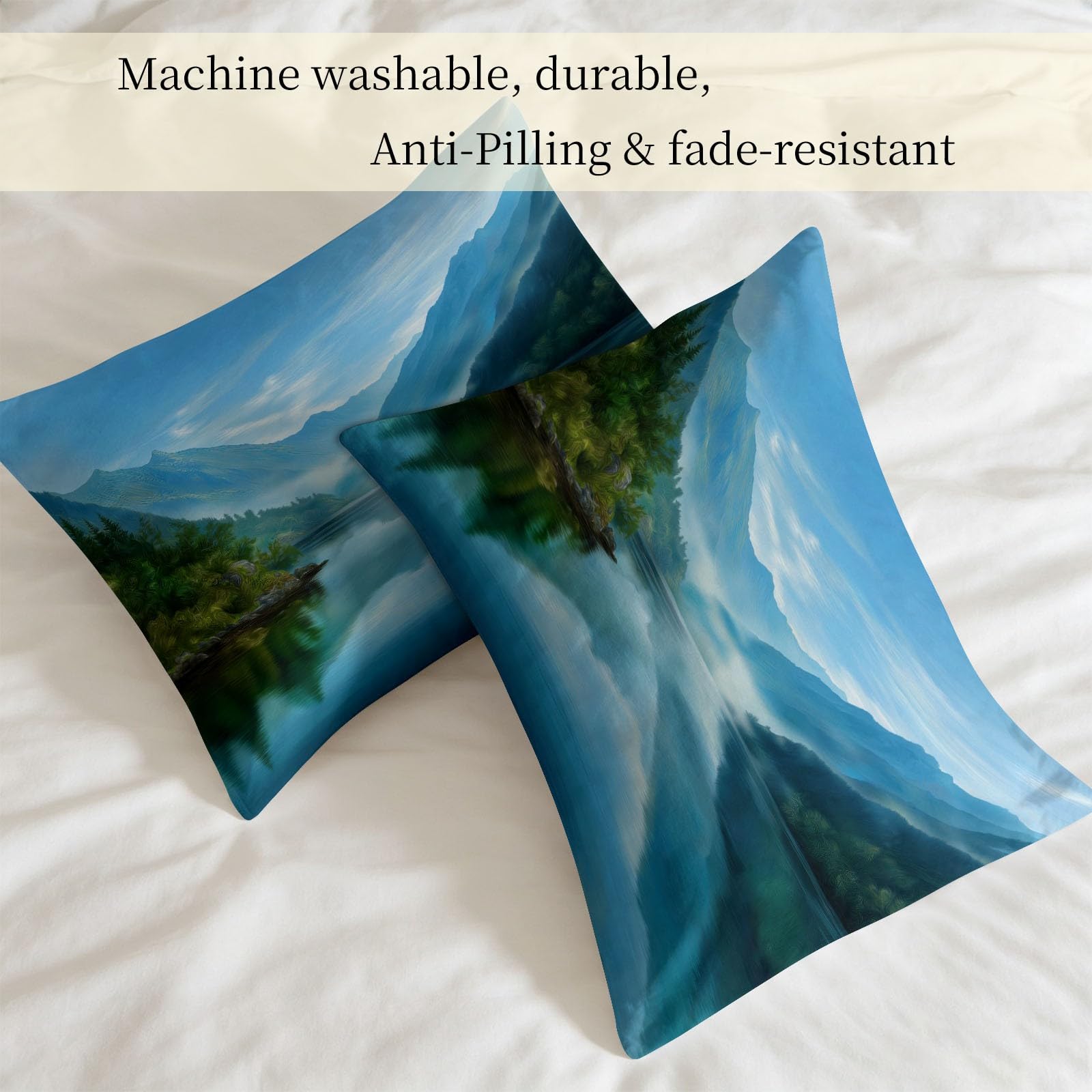 Generisch Piumino senza rivestimento, 155 x 220 cm, blu, fotografia di paesaggi naturali, trapunta leggera per tutto l'anno, lavabile, con 2 federe, montagne, laghi, morbido e traspirante, reversibile