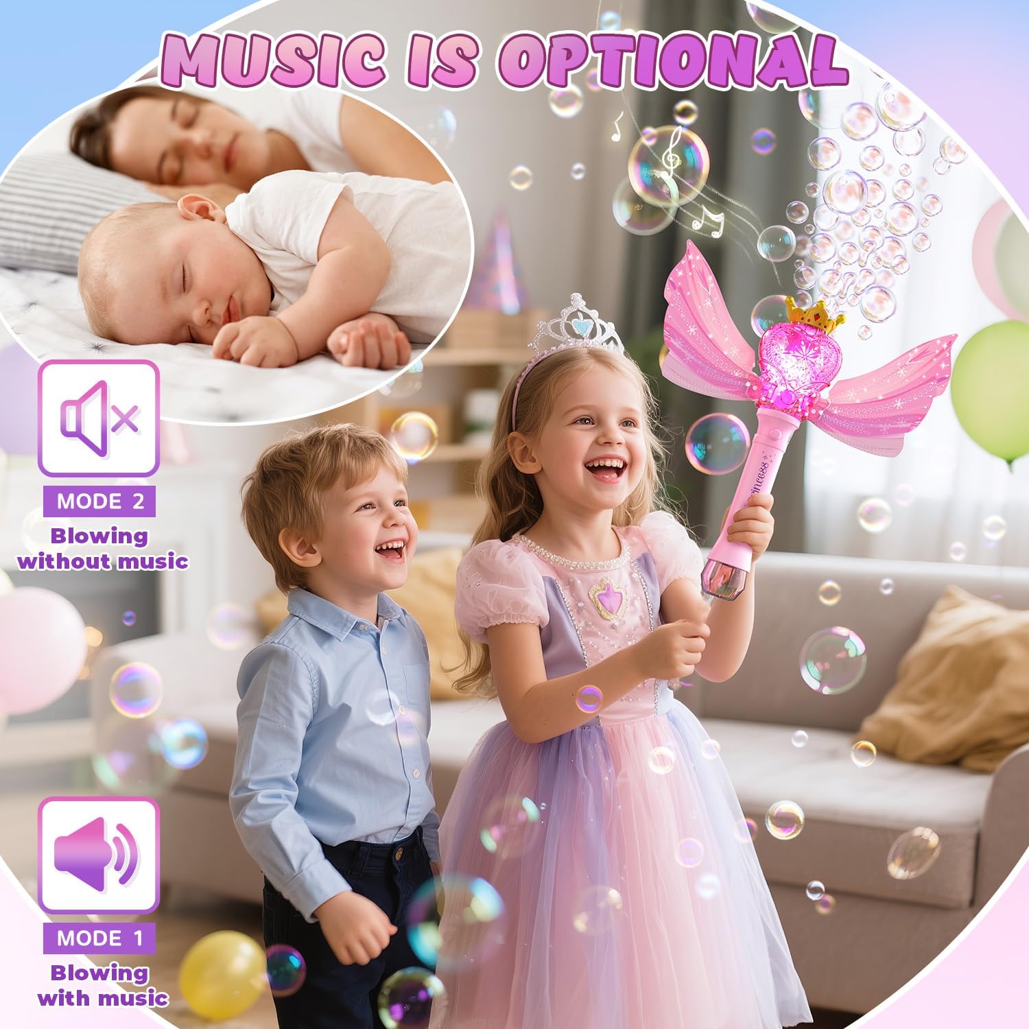 EagleStone Princess Bubble Wand for Kids Girls with LED Lights & Music, Fairy Bubble Machine Toy with 4 Bubble Solutions, Outdoor Bubble Toys for Toddlers Aged 3 4 5 6 7 8, Birthday Gift for Girls