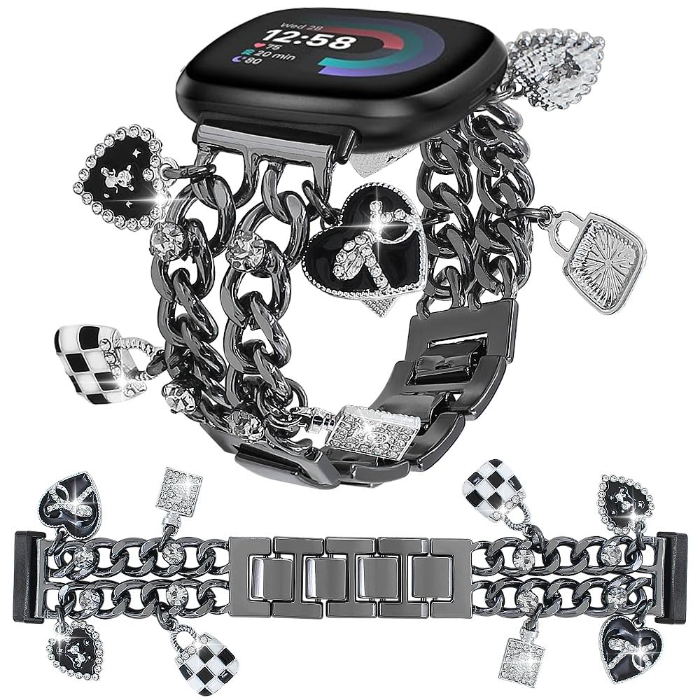 Cuban Chain Band Compatible with Fitbit Versa 4/Versa 3/Sense 2/Sense Smart Watch Band Women,Bling Diamond Chain Dressy Metal Strap with Cute Charms