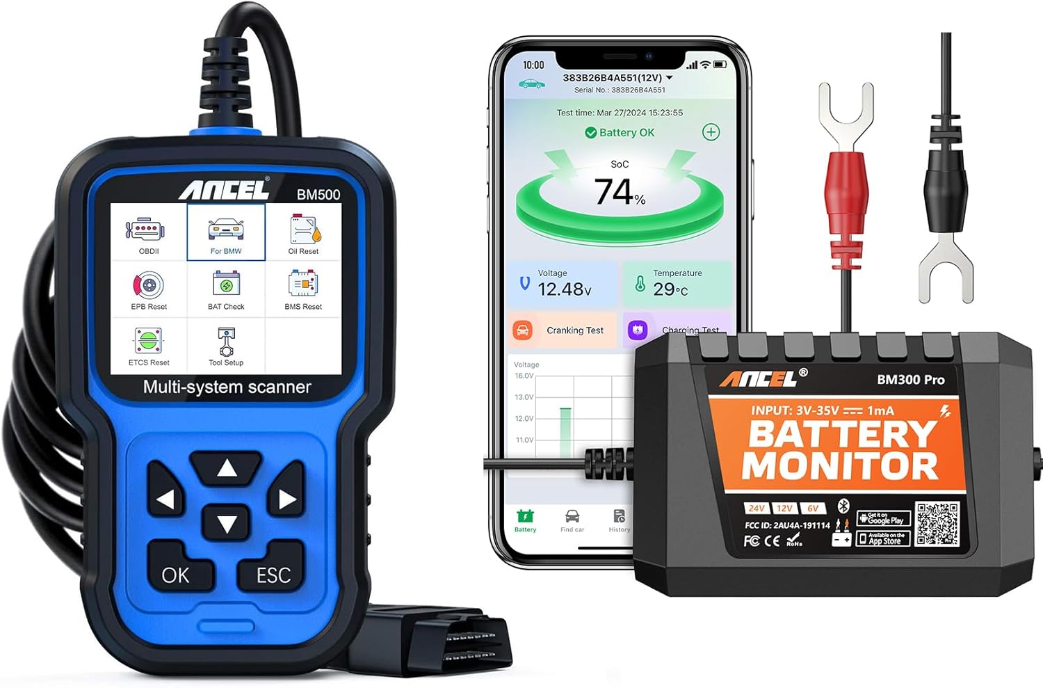 ANCEL BM500 Battery Registration Tool Bundle with BM300 Pro 12/24V Battery Monitor