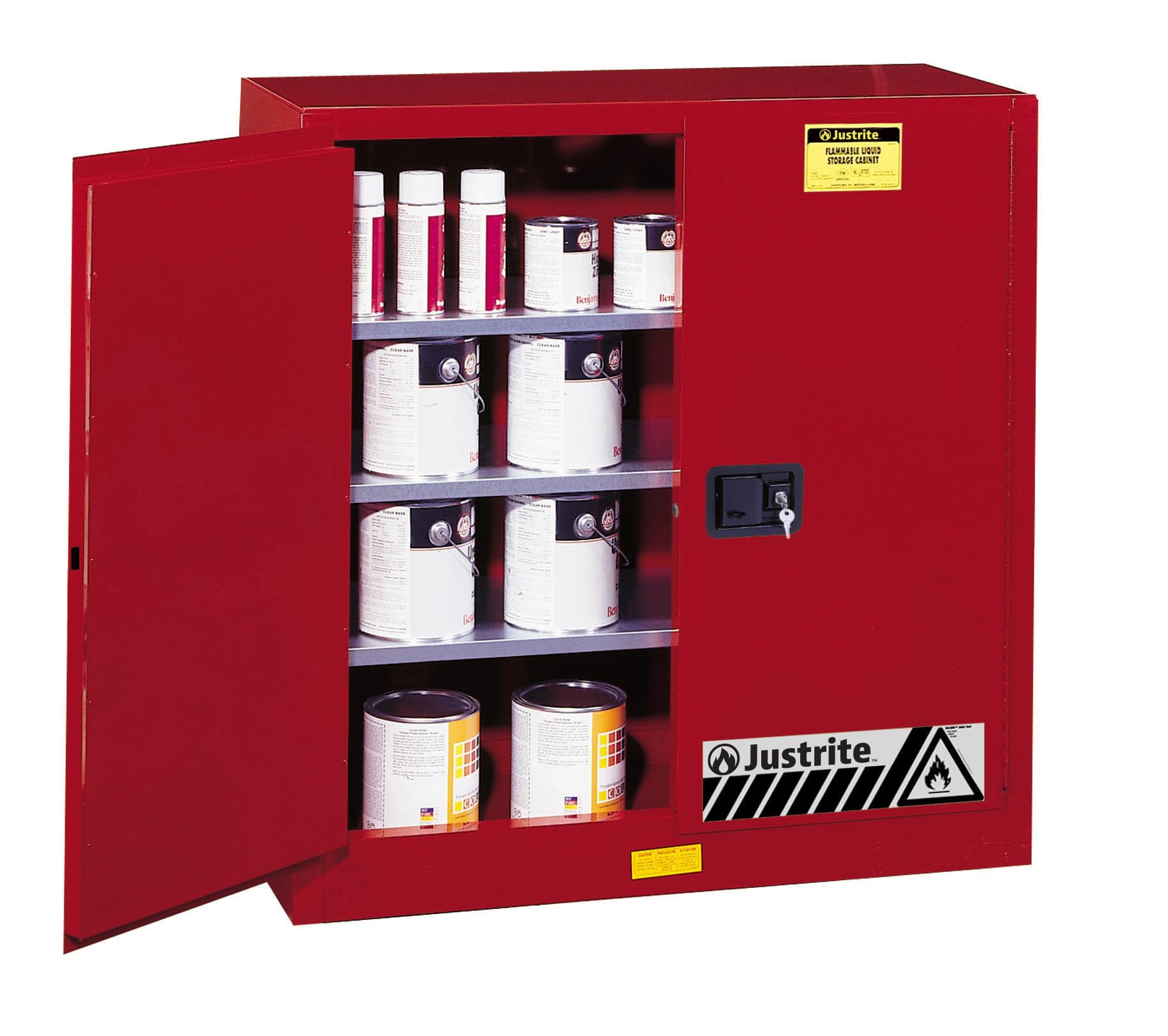 Justrite 40 Gallon Manual Close Paint and Ink Safety Cabinet, 18 Gauge Steel, 3 Shelves, 43" x 44" x 18", 2 Door Combustibles Cabinet, Made in The USA, Red, 893011