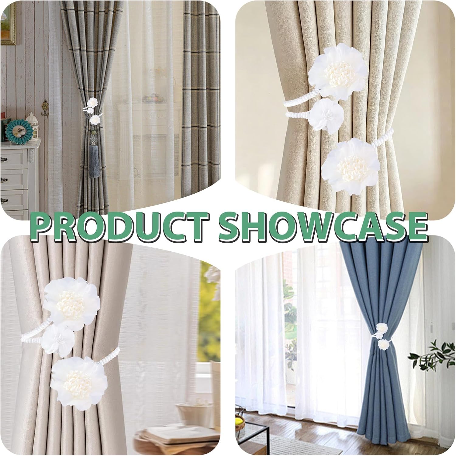 2 Pieces Artificial Flower Curtain Tiebacks, Elegant Curtain Holdbacks Holders, Flexible No Drill Drape Tie Backs Decorative Twist Rope for Home Living Room Window Treatment (White)