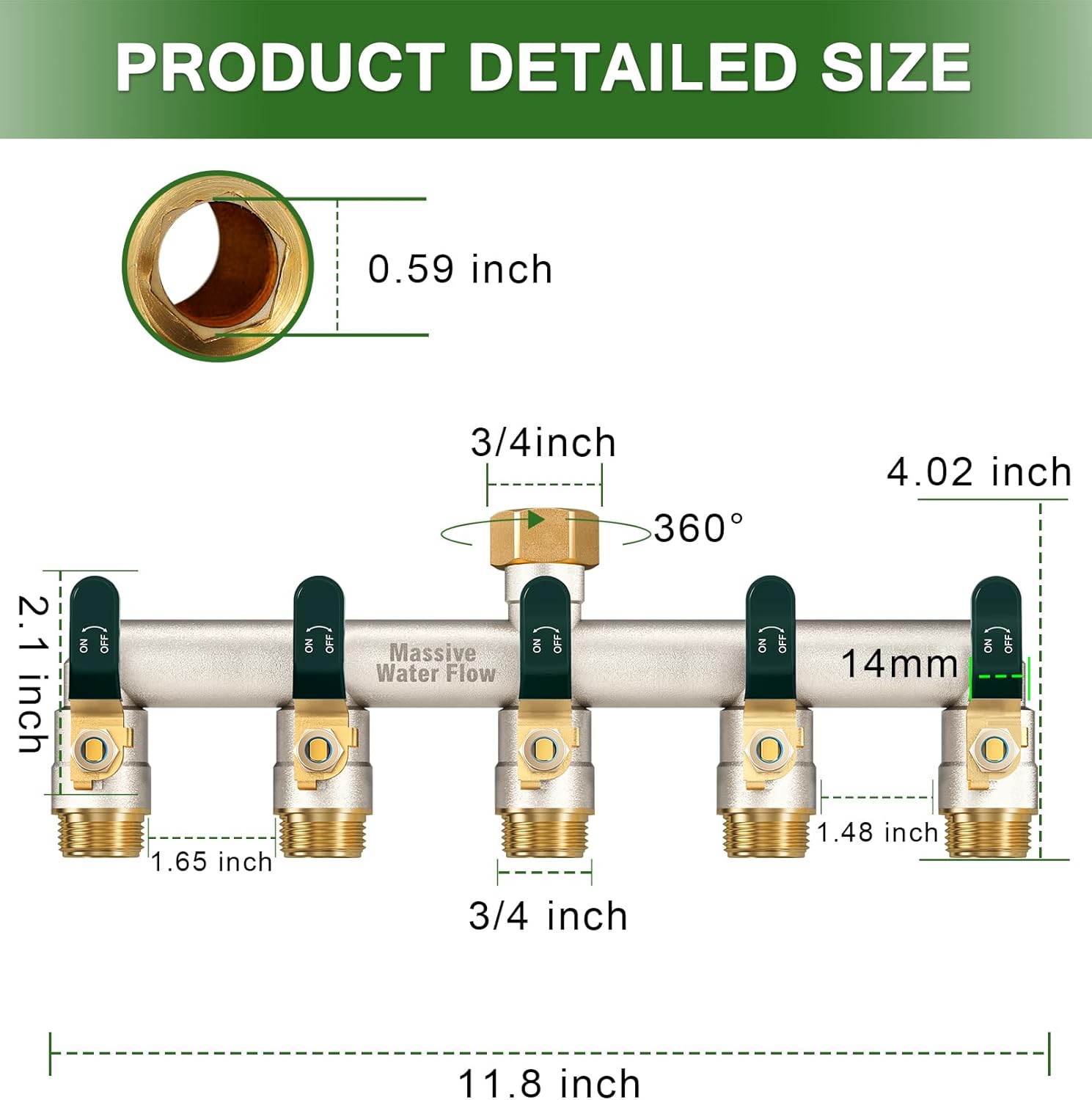 5 Way Hose Splitter, Heavy Duty Full Flow Garden Hose Splitter with 4 Large Metal Handles, Brass Water Hose Bib Splitter, T Adapter Connector with 3/4 - Inch GHT Thread (Green)