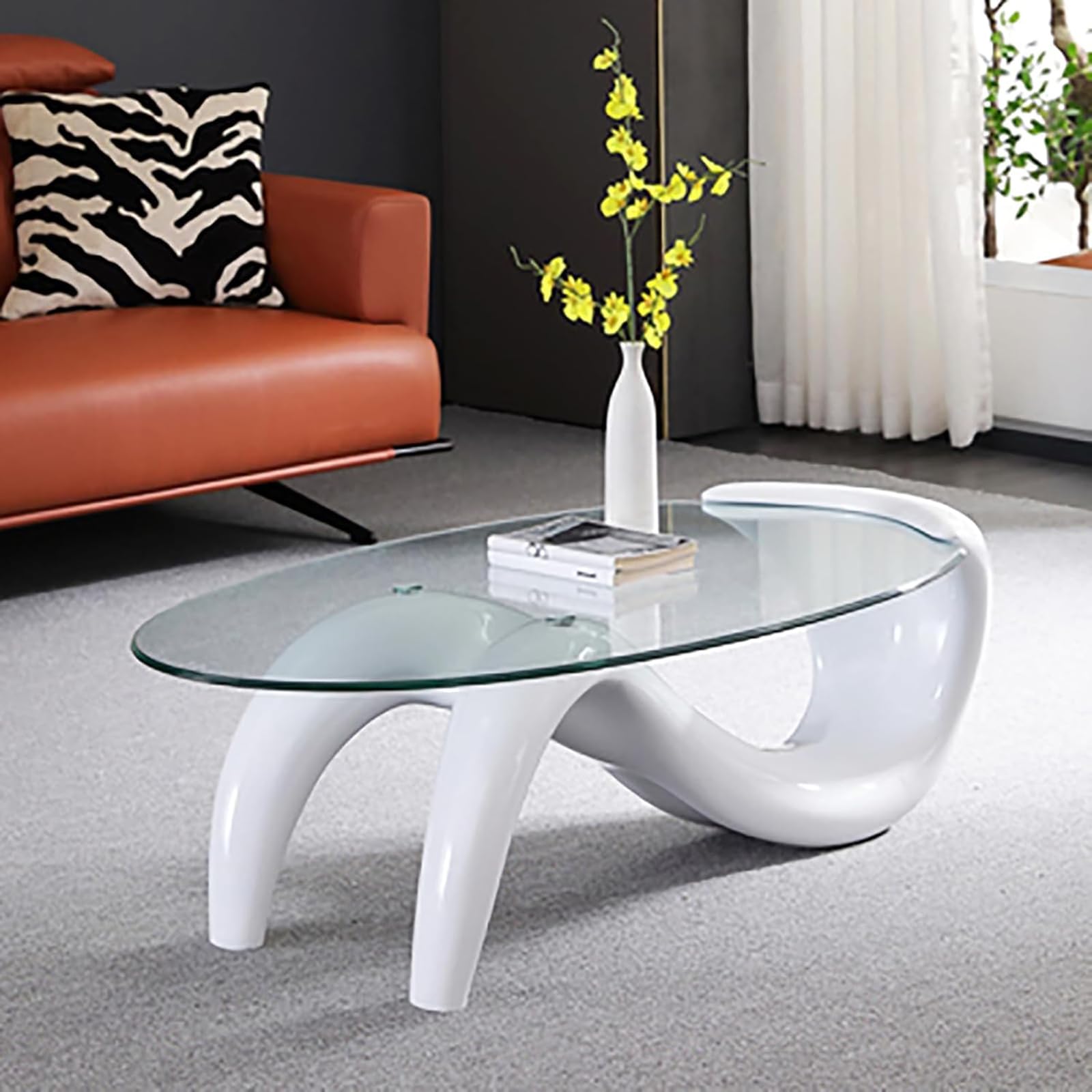 Hwijk Modern Abstract Coffee Table,Oval Glass Coffee Table for Living Room Home Art Decor,Contemporary Accent Coffee Table Cocktail Table Glass Top(