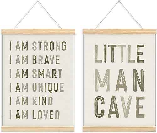 ULEGIE Pósteres enmarcados con colgador de madera, letrero de cueva de hombre pequeño para niños, decoración de habitación de niños, decoración de