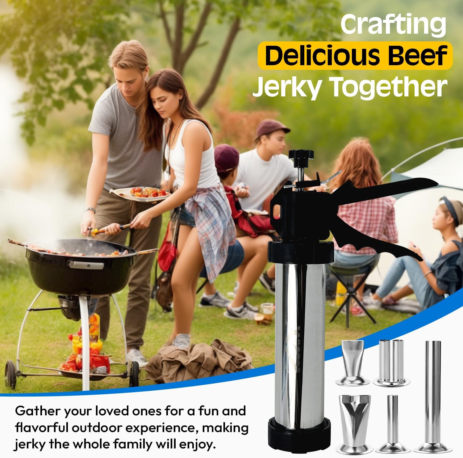 Professional Jerky Gun Kit – Stainless Steel Beef Meat Maker Machine with 5 Nozzles, 1 Meat Pusher, 5 Cleaning Brushes (2 Sets), Sausage Shooter Accessories & Bonus Pair of Gloves