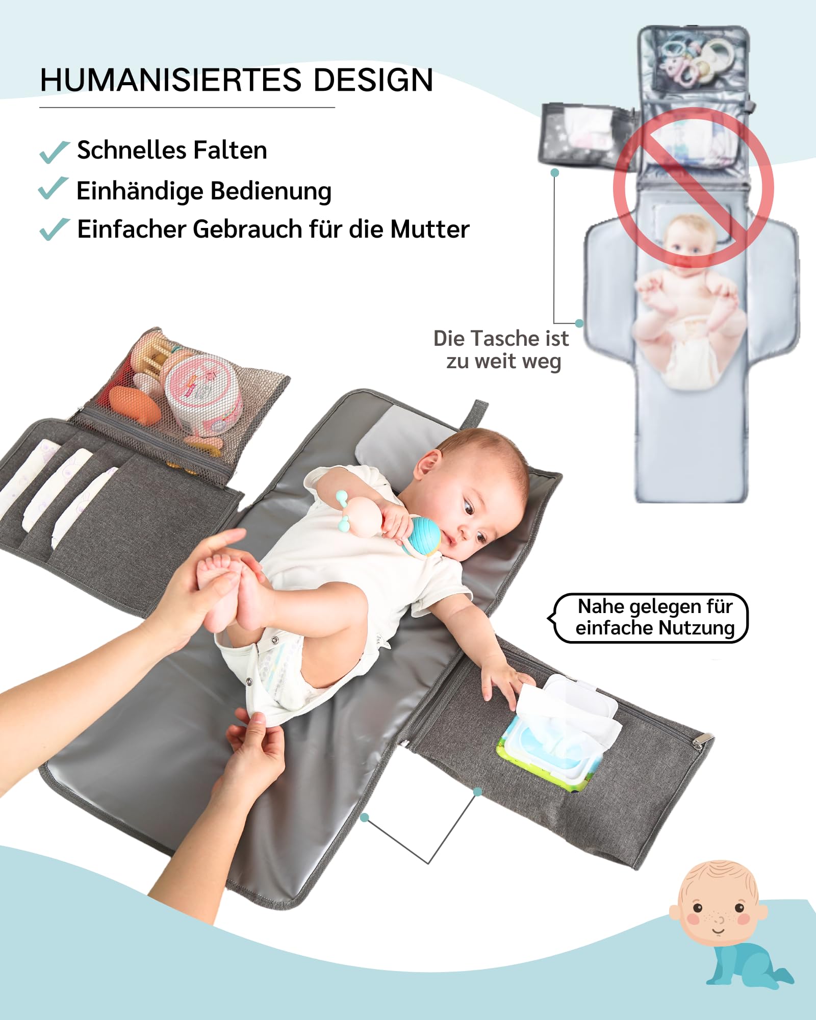 Wickelunterlage für Unterwegs,Windeltasche mit Fächern, Kopfkissen und Abnehmbare Feuchttücher Organizer,Wasserdichte Faltbare Wickelauflage, Abwaschbar Windeln Organizer für Unterwegs, Reise(Stern)