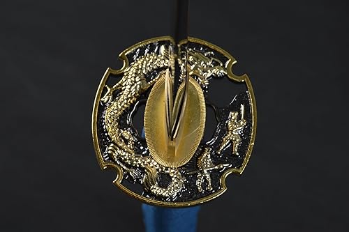 Miniatura 5 de Espada samurái japonesa afilada real de hoja de acero doblada azul hecha a mano Katana de espiga completa