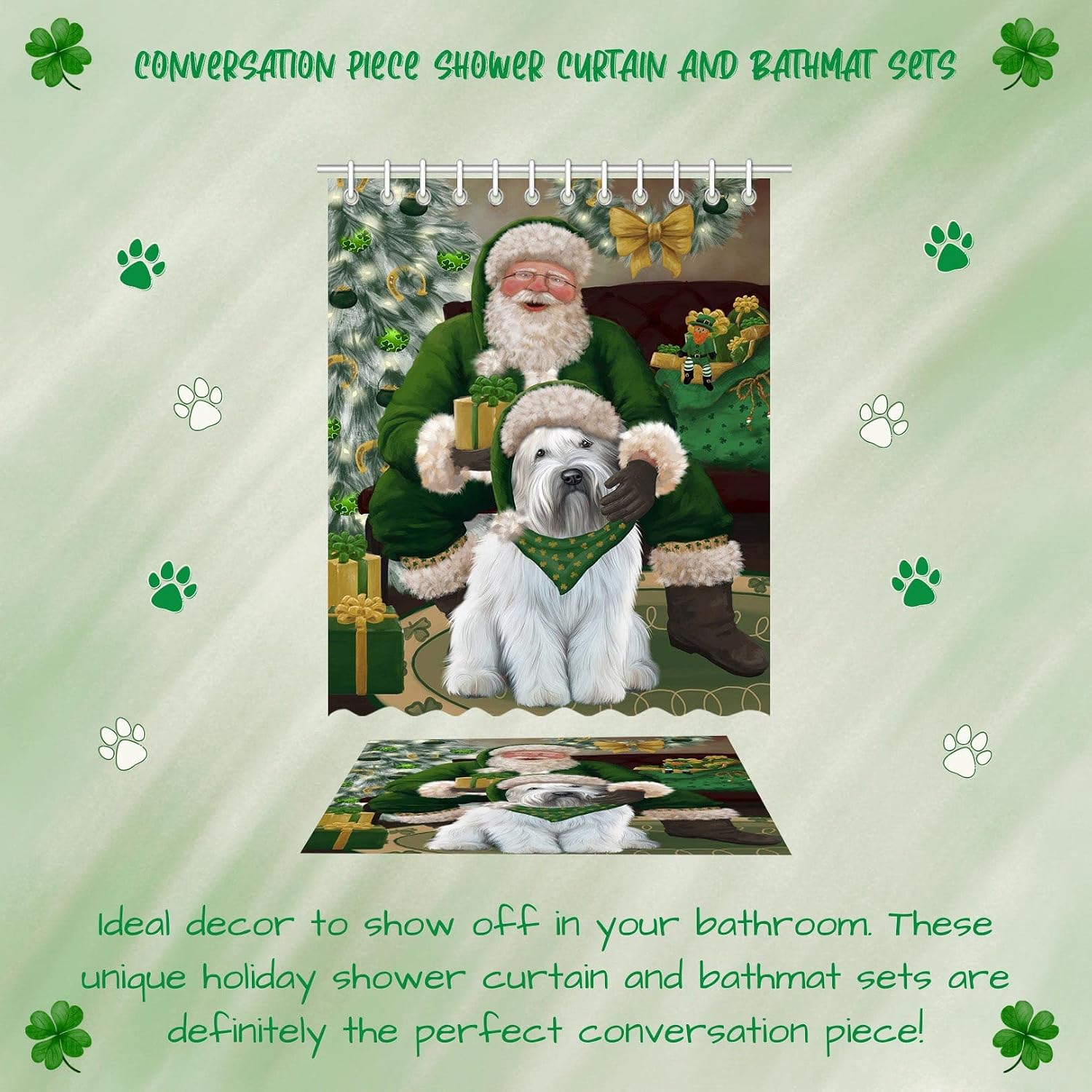 Christmas Irish Santa with Gift and Wheaten Terrier Dog Shower Curtain & Bath Mat Combo - Bathroom Rug Mat Bathtub Curtain Screens with Hooks, BMSC91030 BM 20''x 32'', SC 60"x72" image 4
