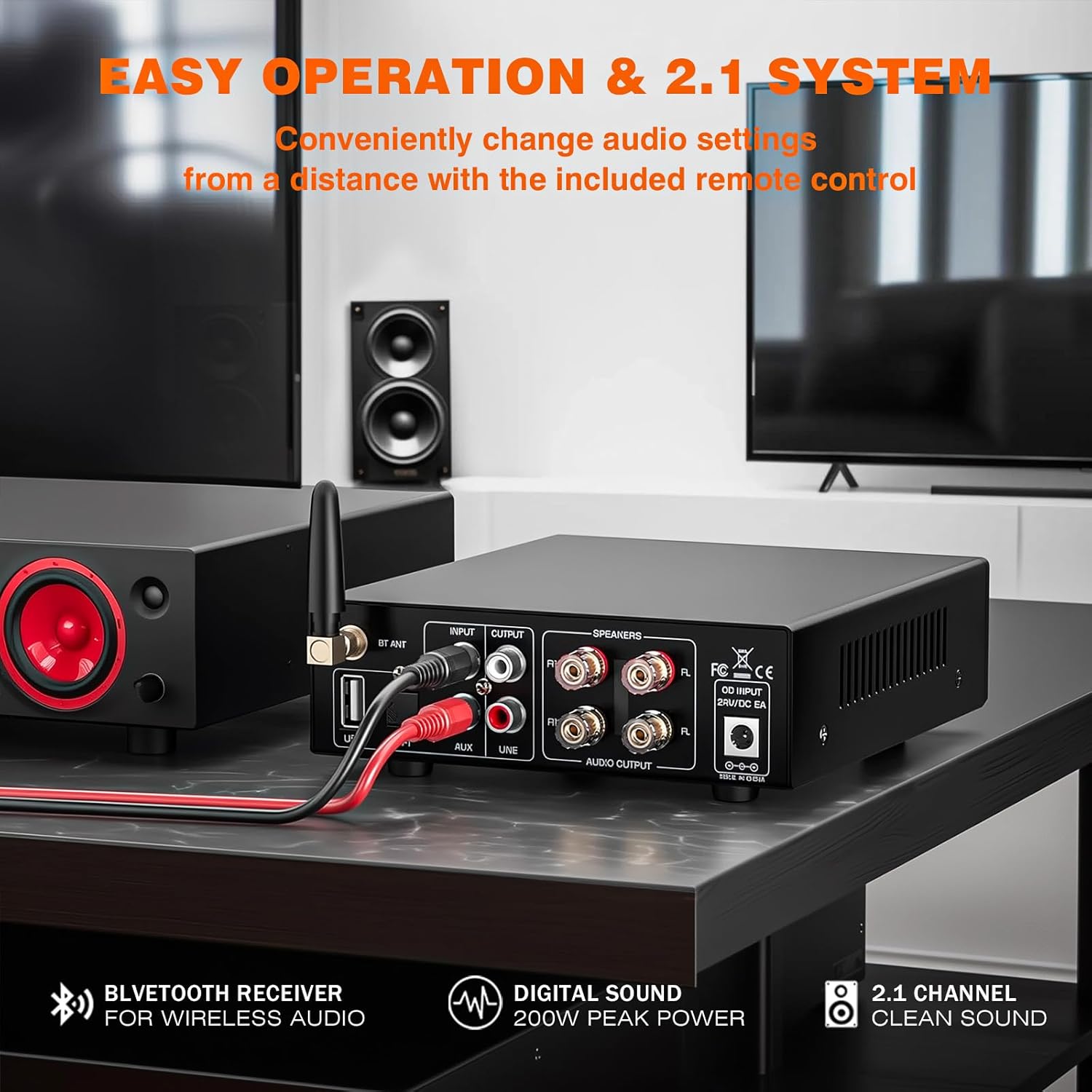 AK-3116 HiFi Stereo Audio Amplifier, 2.0 Channel 100W x 2 Mini Bluetooth Amplifier Class D Digital Amplifier with TPA3116 chip, USB, AUX, Opt, RCA for Home Audio, Stereo Receiver w/ 24V Adapter - Image 4