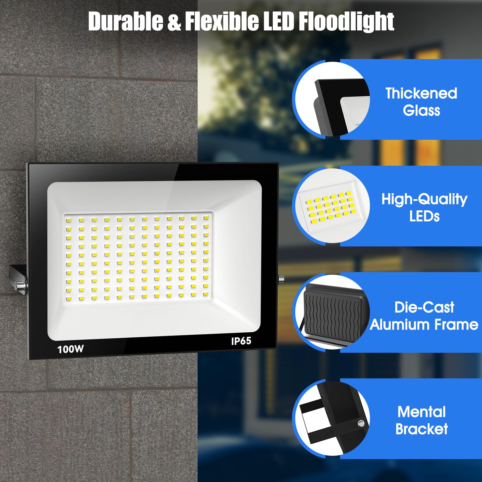 Royana 100W LED Strahler Außen 10000LM Superhell led strahler 3000K Warmweiß IP65 Wasserfest led scheinwerfer, für Sportplatz Garage Garten Hinterhof.