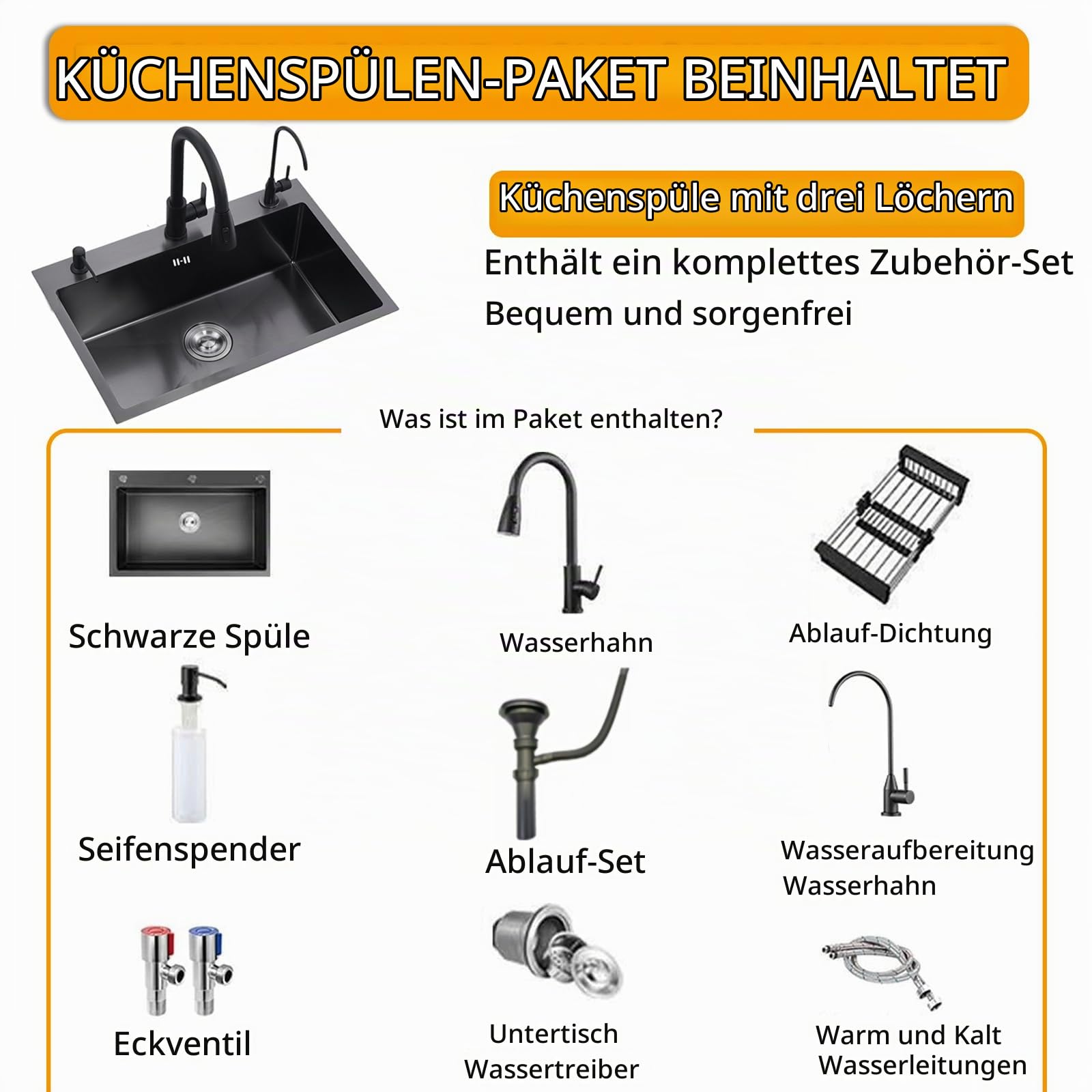 Spülbecken Schwarz mit Armatur, 3-Loch Küchenspülen Set | Praktisches Waschbecken Küche ,Spüle Edelstahl mit Trinkwasserhahn, Seifenspender und Ablaufgarnitur