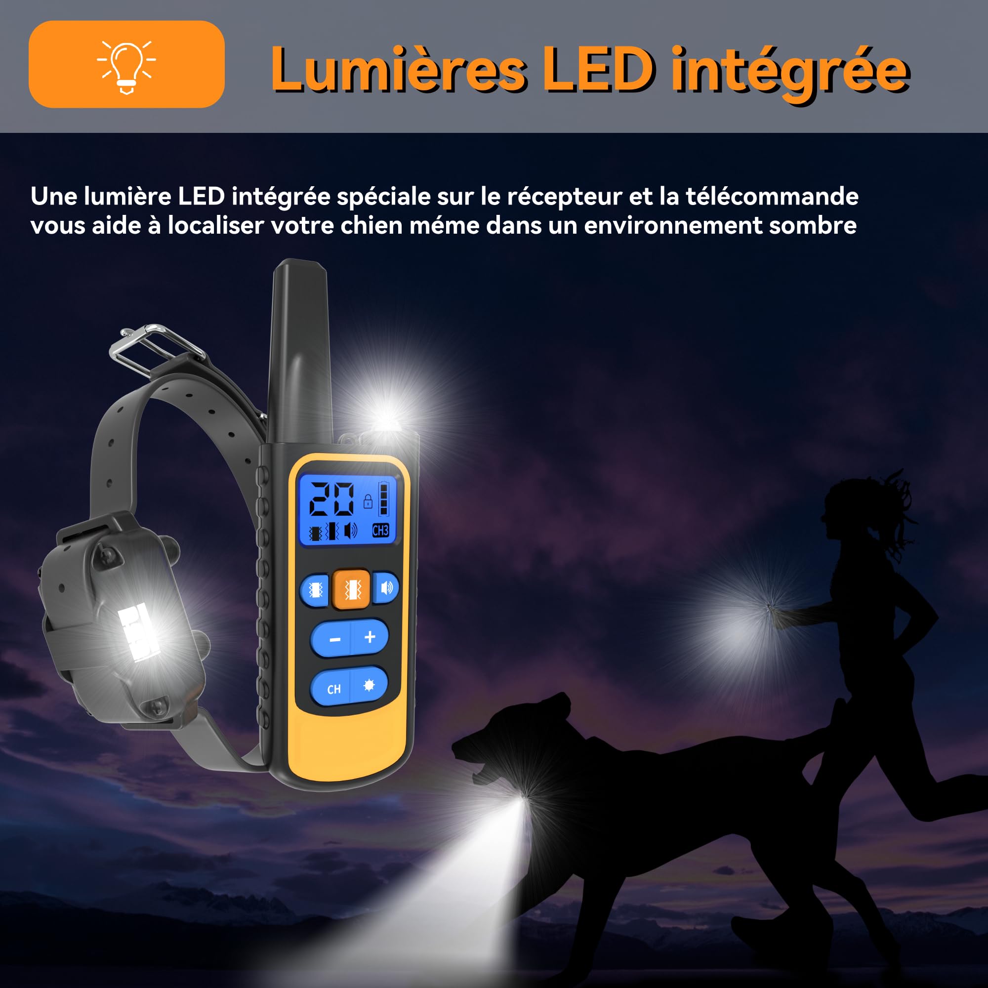 Meloive Collier de Dressage pour Chien,Portée de 3000m,Collier Rechargeable avec Mode Son,Vibration,Forte Vibration et Lumière LED,IPX67 Résistant à l'eau,Adapté Aux Chiens de Petites et Gros Tailles