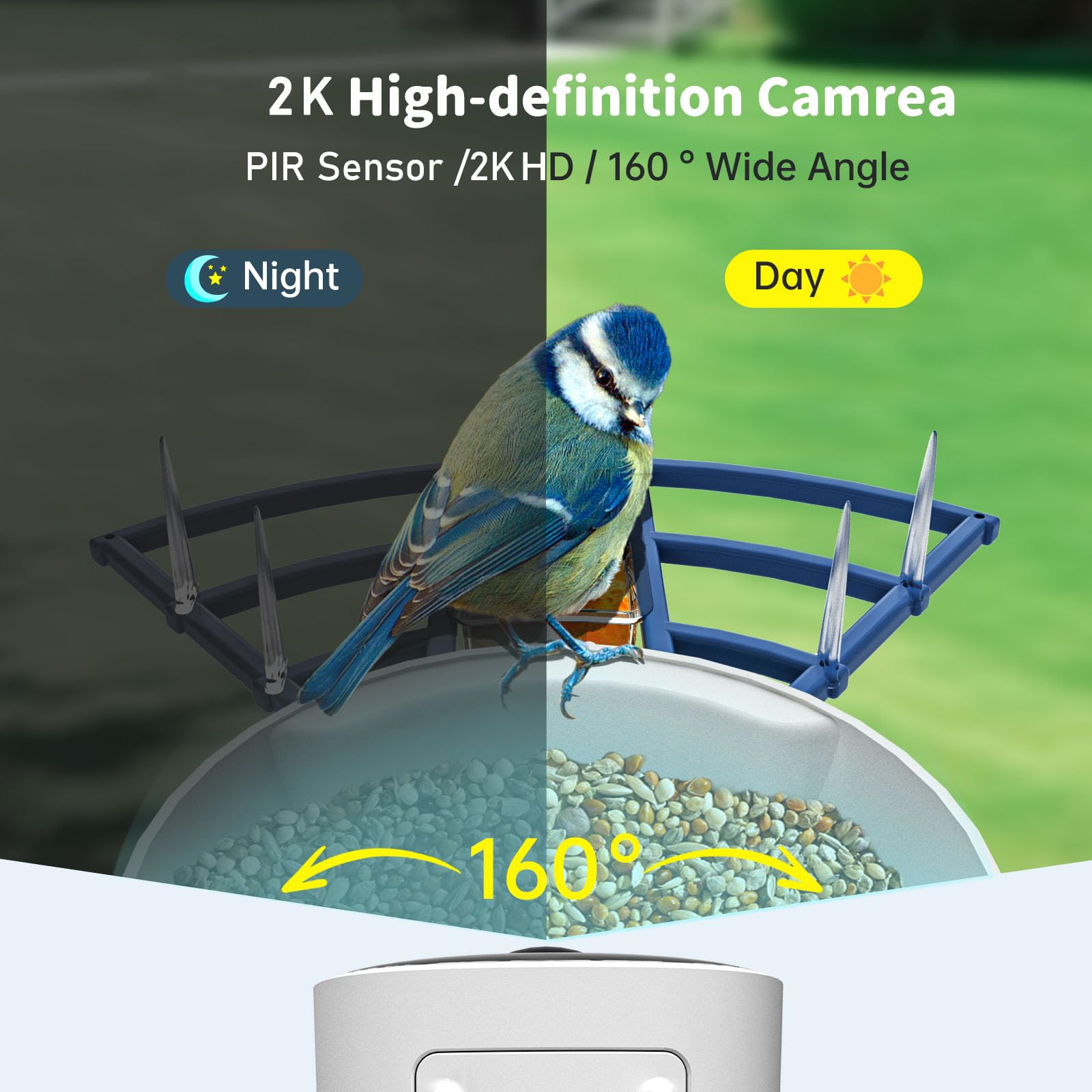 Comedero inteligente para pájaros con cámara, alimentado por energía solar e identificación Bi rd con IA, 2.4 GHz, WiFi, comederos para pájaros para exteriores, video en vivo 2K, alertas de llegada