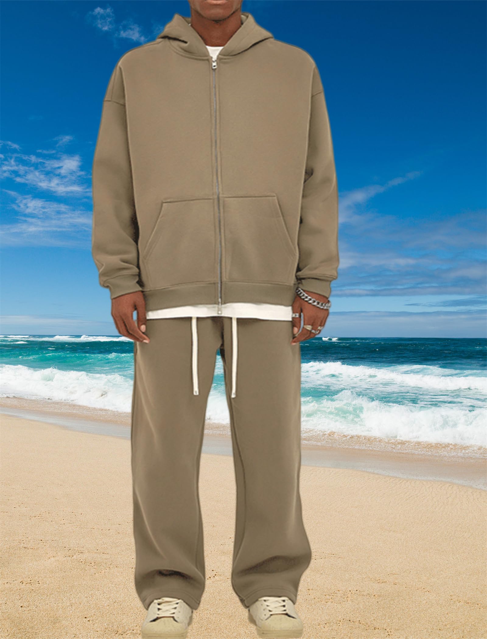 Dres, kurtka dresowa, bluza z kapturem, z zamkiem błyskawicznym, spodnie do joggingu zimowego, Kolor biały, XL | Kurtka polarowa unisex z zamkiem błyskawicznym i spodniami do biegania, ciepła i wygodna do codziennego użytku