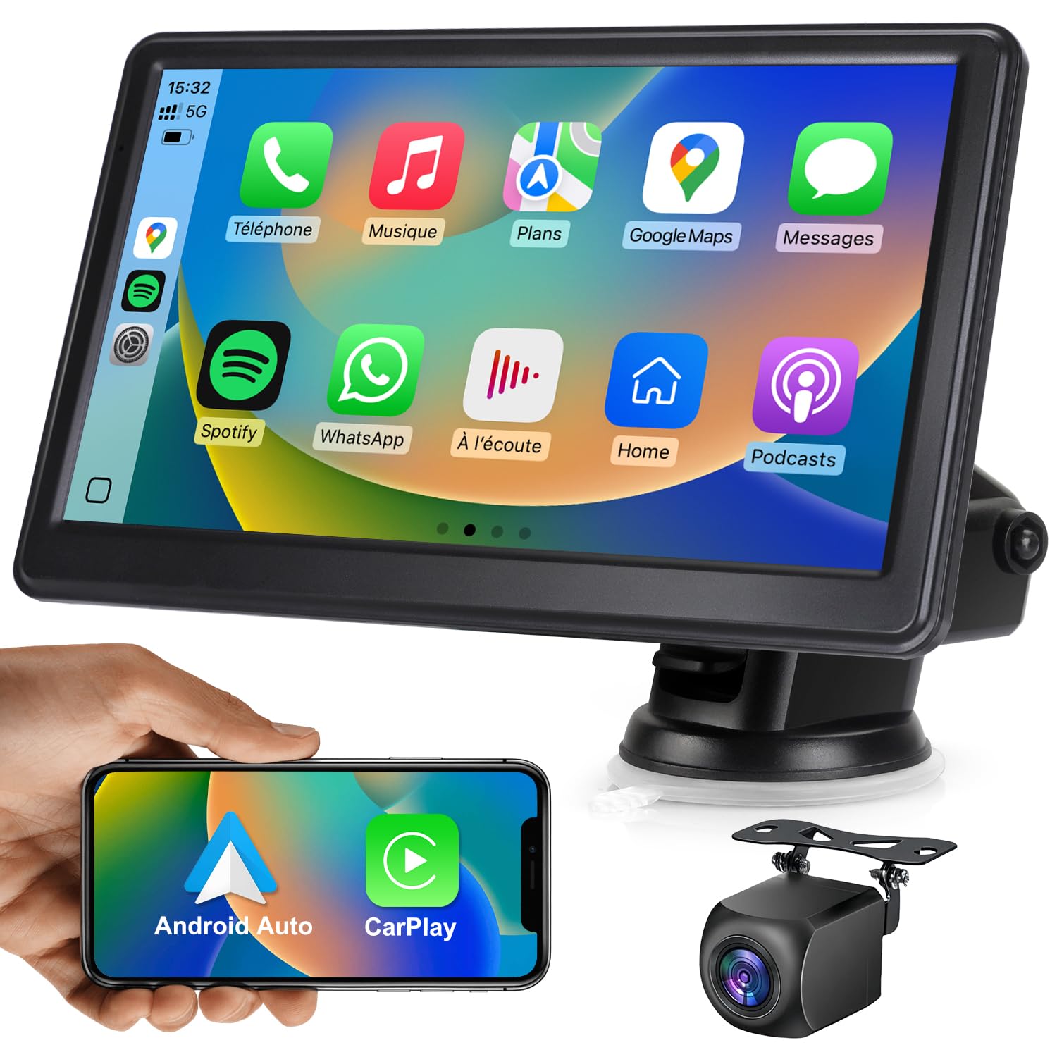 Autoradio sans Fil, CarPlay Voiture & Android Auto, Portable Stéréo de Voiture avec Contrôle Vocal, Navigation GPS, FM, MirrorLink, Bluetooth Appels avec Mains Libres (7" & Caméra de Recul)