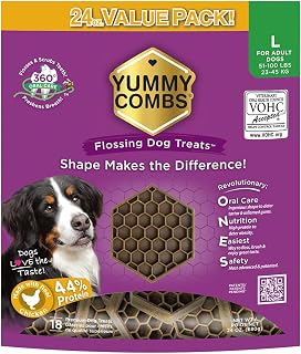 Yummy Combs VOHC-Approved Dog Dental Treats for Large Dogs - Honeycomb Tartar Removal, Chicken Protein, Reduces Bad Breath (24oz, 18ct)