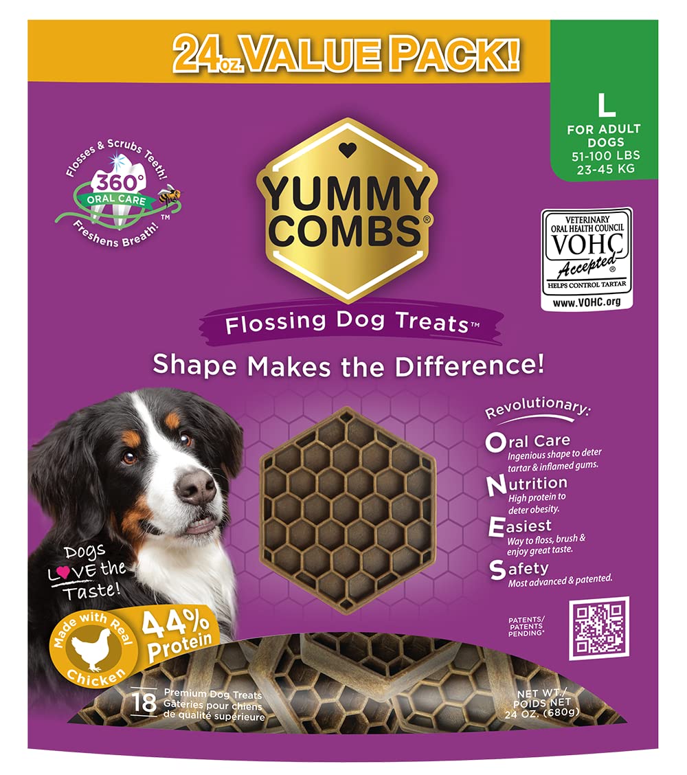 YUMMY COMBSDental Treats for Dogs | Yummy Dog Treats for Teeth Cleaning | Shape to Scrape Plaque & Tartar | Made with 44% Chicken Protein | Dental Dog Treats for Large Dogs (24oz, 18 Count)