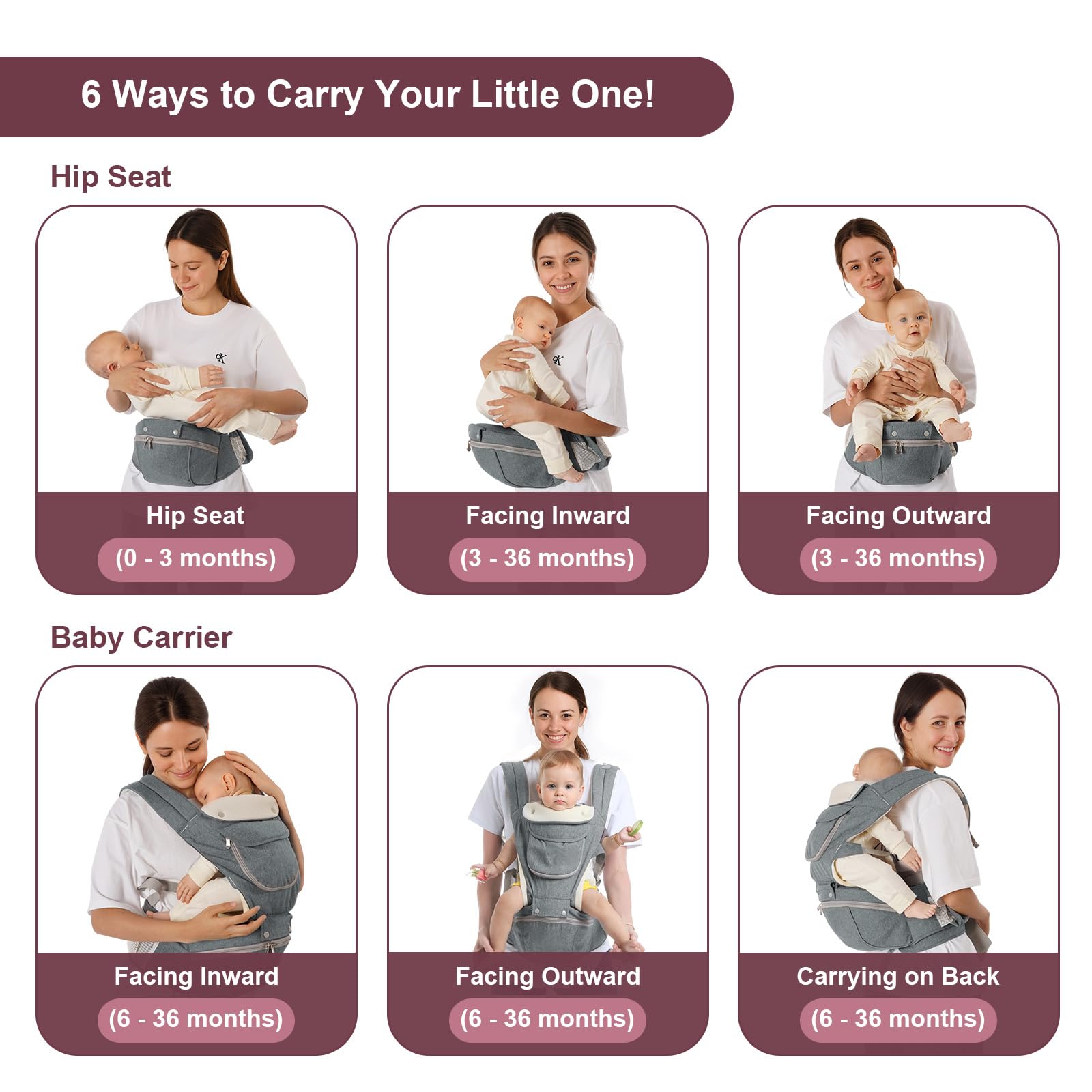 Baby Carrier, 6-in-1 Newborn to Toddler Carrier(7-50lbs), Front & Back Carrier with Detachable Hip Seat, Soft & Adjustable, All Seasons, Ideal for Mom & Dad, Perfect for Shopping & Travel (Grey)