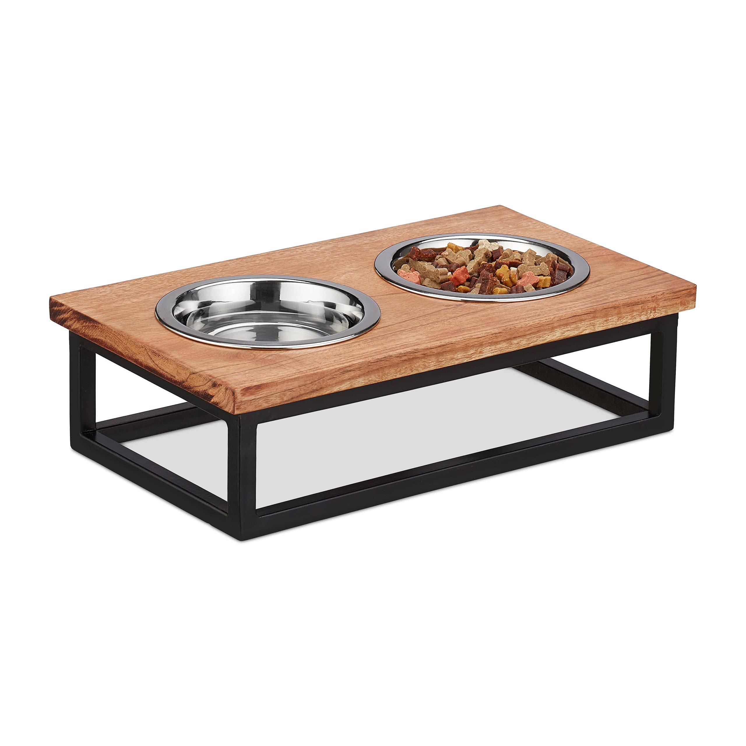 Relaxdays Napfständer Comedero Elevado para Perro, Soporte Alto de Madera Acacia, 9,5x34x19,5 cm, 2 Cuencos de Comida 300 ml, Marrón, Acero Inoxidable