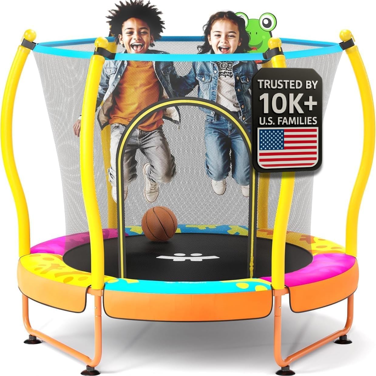 Happin® 55’’ Trampoline for Kids with Safety Enclosure, Indoor & Outdoor Toddler Trampoline, Ultra Safe Design with Multi Activity Accessories, Perfect Toddler Gift for Boys & Girls Ages 1–8 Multicolor 55'' Classic