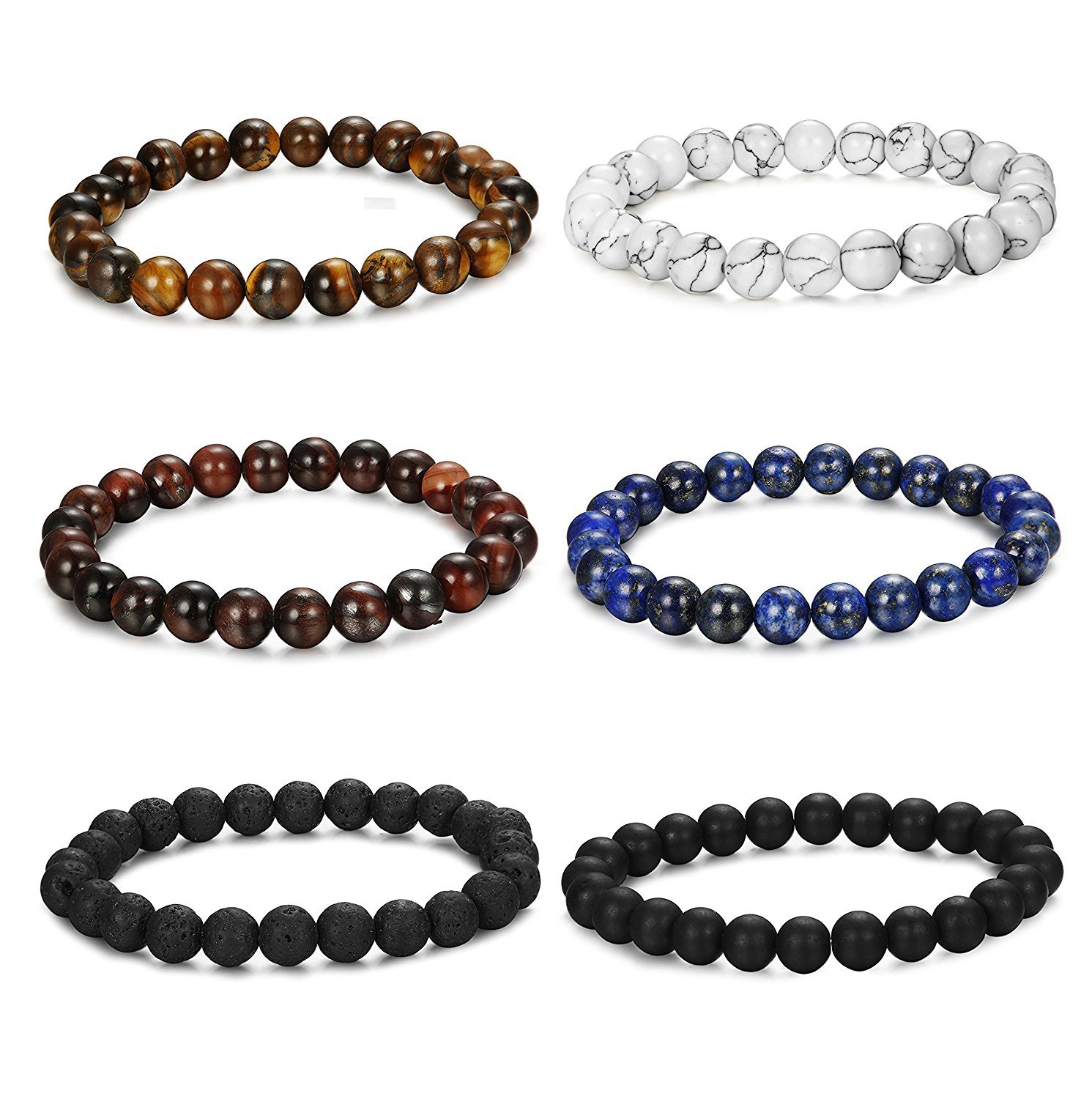 BESTEEL6Piezas 8-10MM Piedra Pulsera para Hombre Mujer Cuentas Pulsera Brazalete Bolas, Elástico