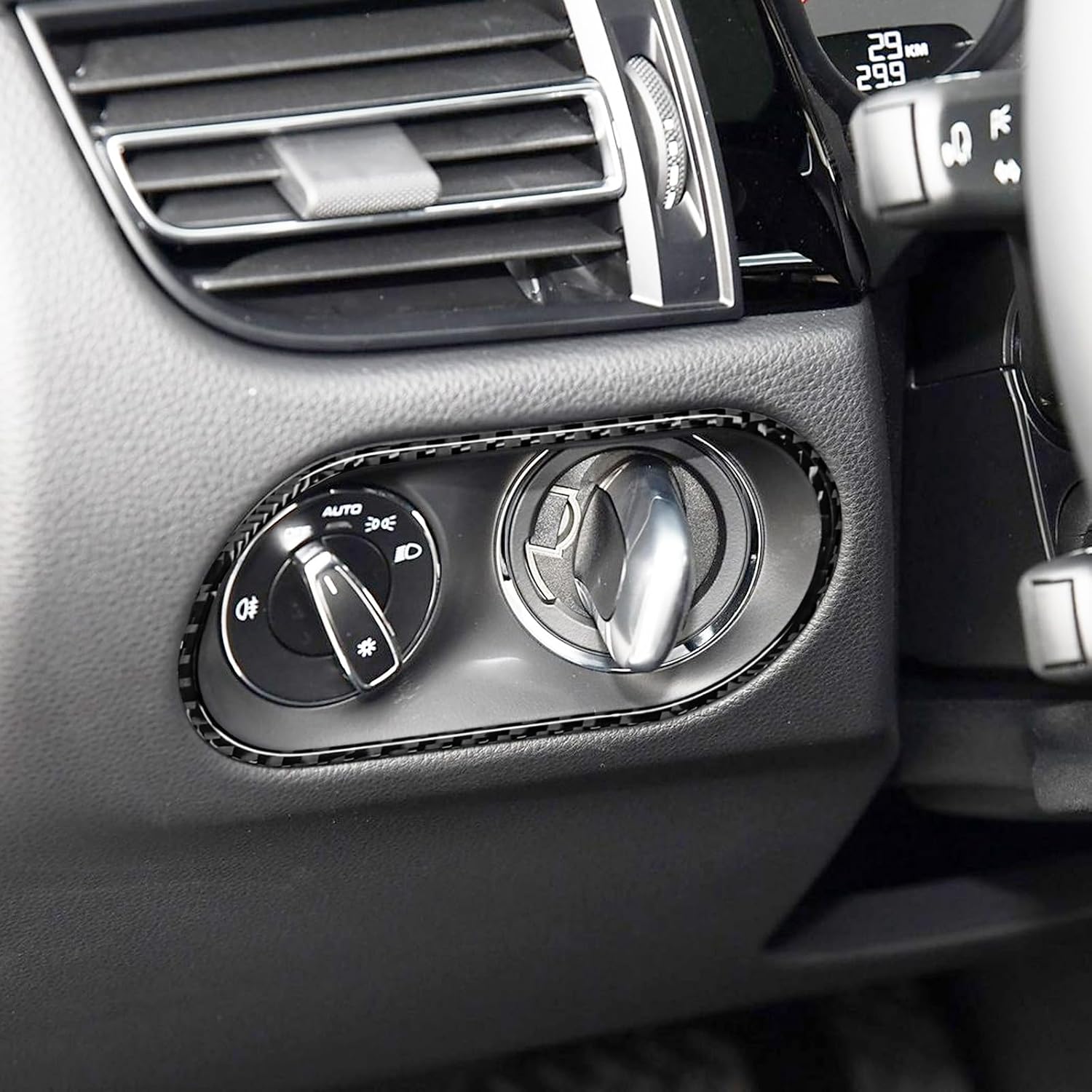 SUNJIKA Compatible with Carbon Fiber Center Console Front Car Headlight Headlamp Frame Cover Trim for Porsche Macan 2014 2015 2016 2017 2018 2019 2020 2021 (Black 1pc)