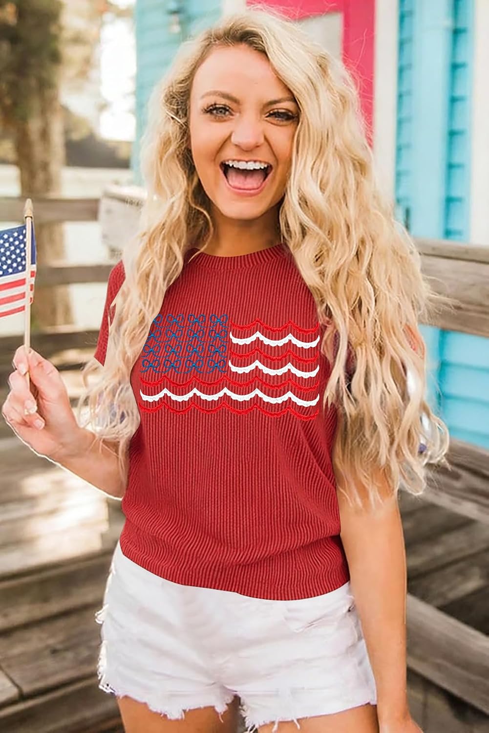 VILOVE 250 Anniversary USA Shirt Women Chenille American Flag Graphic Shirts 4th of July Patriotic Short Sleeve Stripe Tops