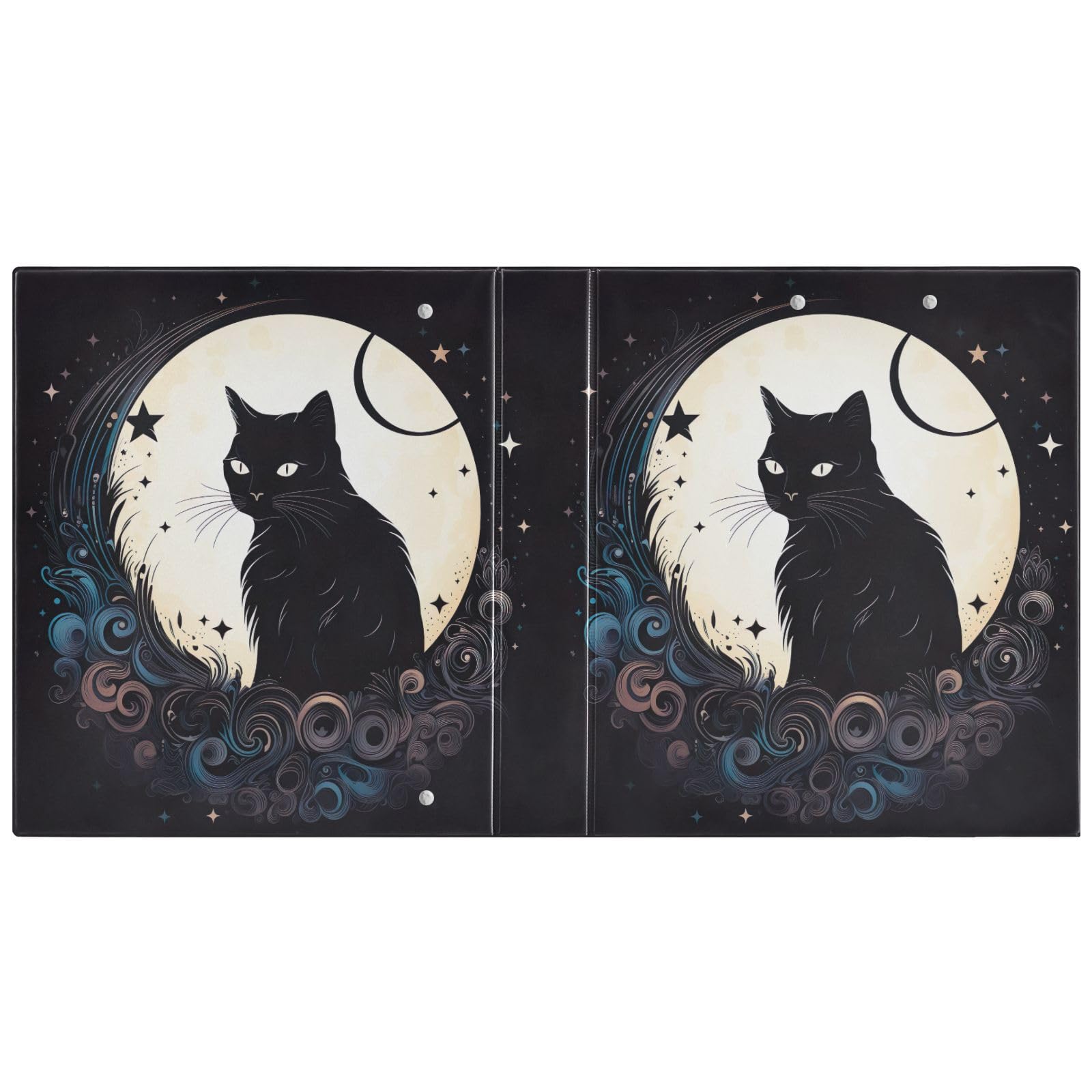 Confezione da 2 raccoglitori ad anelli vintage, motivo gatto luna, nero, con tasche grandi, per scuola, università, ufficio