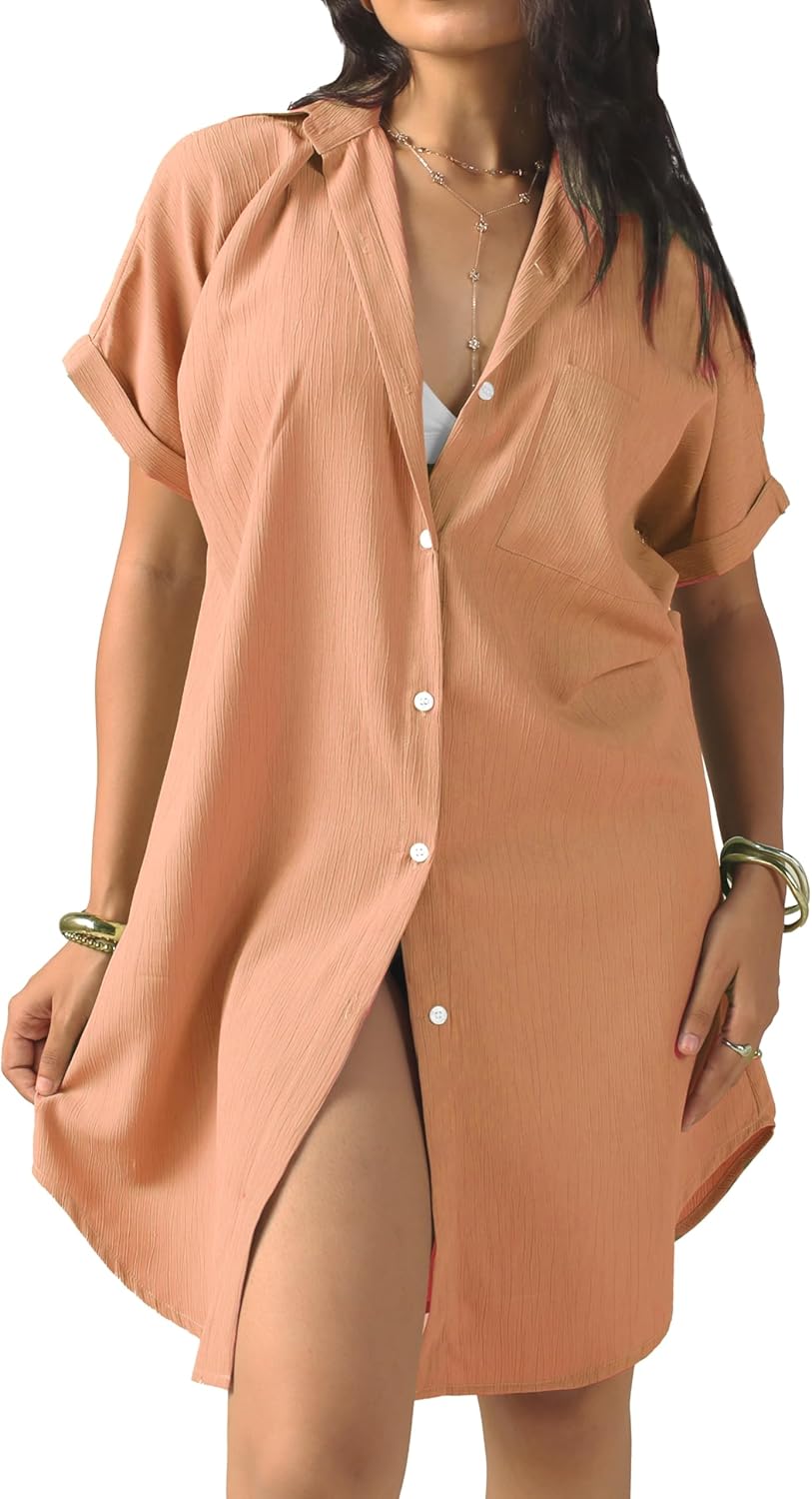 Women Swimsuit Coverup Shirts Button Down Bathing Suit Cover Up Beachwear Blouse Dresses Top for Poolside Beach Travel