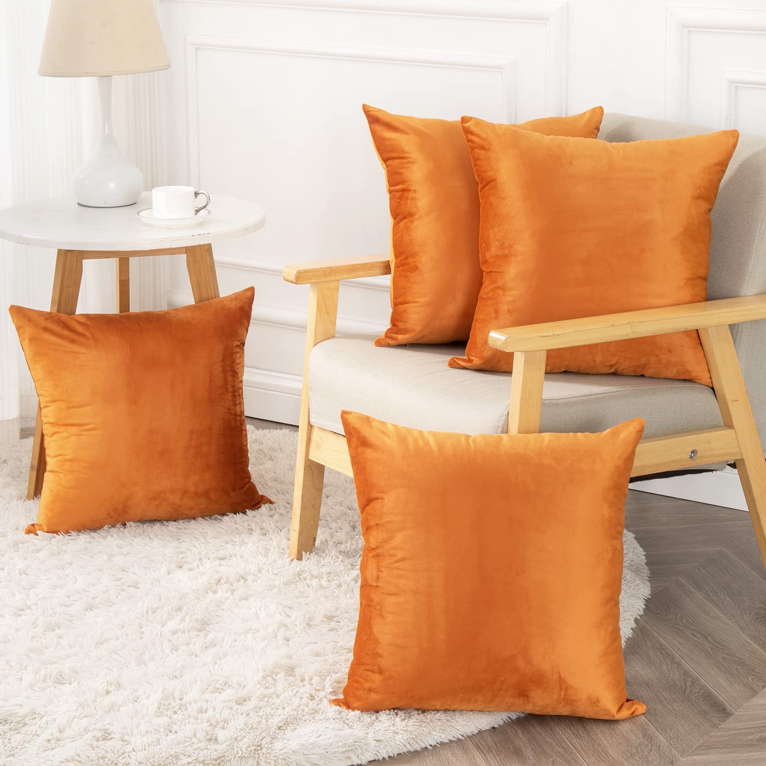 Yonous Set di 4 federe per cuscini, in morbido velluto di alta qualità, decorative, per divano, letto, sedia, arancione, 45 x 45 cm