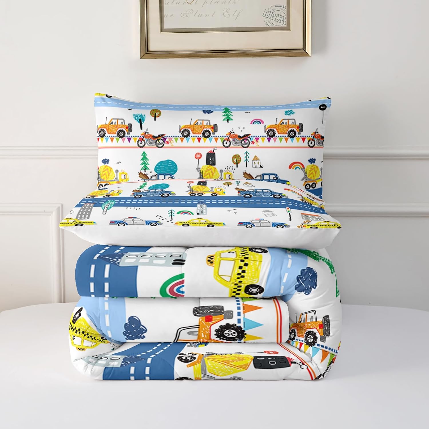 Cartoon Excavator Comforter Set Queen Size, Cartoon Construction Car for Kids Boys Room Decor, Automobiles Rainbow Lightweight Soft Comforter with 2 Pillowcases.