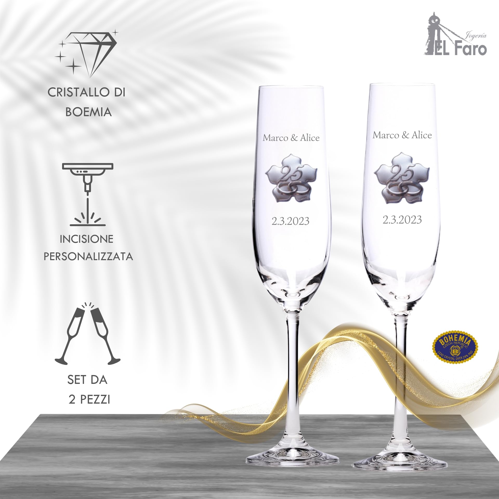 JOYERIA EL FARO Bicchieri da champagne personalizzati per matrimonio in argento – Set di 2 bicchieri con dettaglio argento – astuccio premium per gioielli – regalo 25° anniversario di sposato